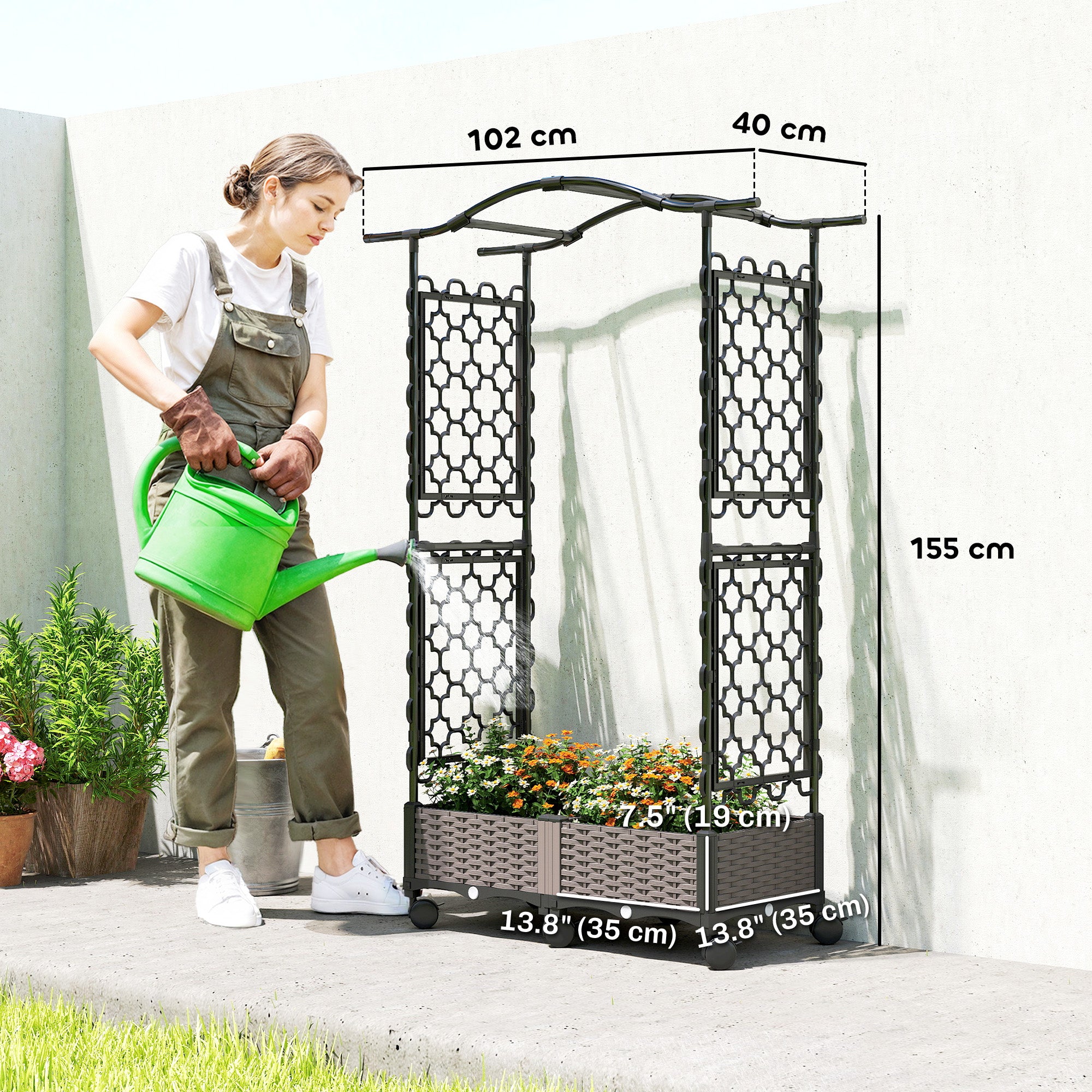 Raised Garden Bed with Arch Trellis, Raised Bed for Garden on Wheels with Side Trellis, Self Watering Planter Box