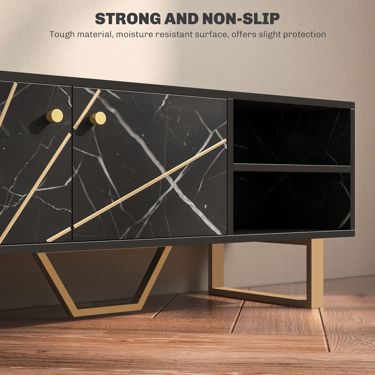 TV Stand Cabinet for TVs up to 50 Inches with Storage Shelves and Cupboard - Black Marble Tone