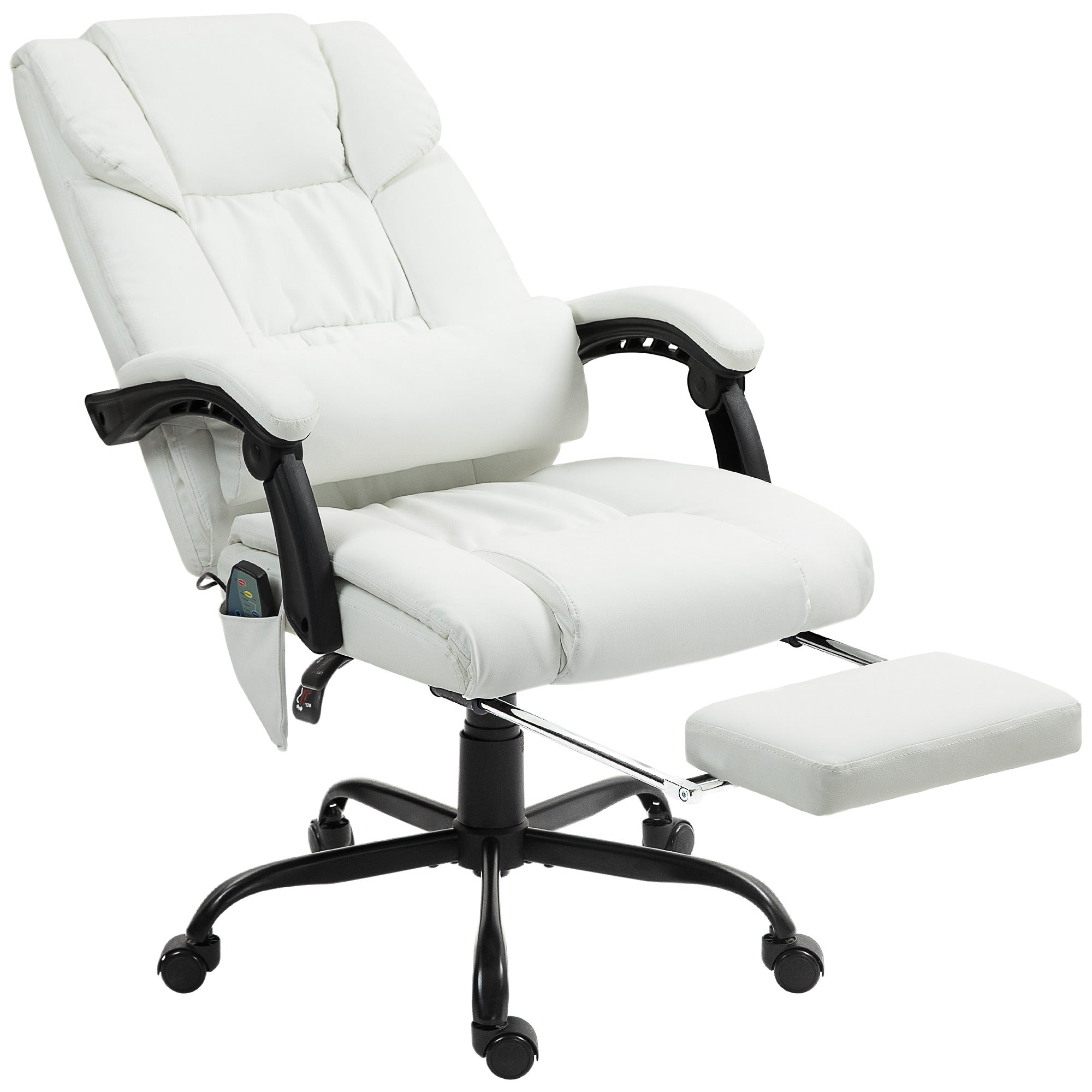 6-Point Massage Office Chair, PU Leather Desk Chair with Adjustable Height and Footrest for Home Office, White