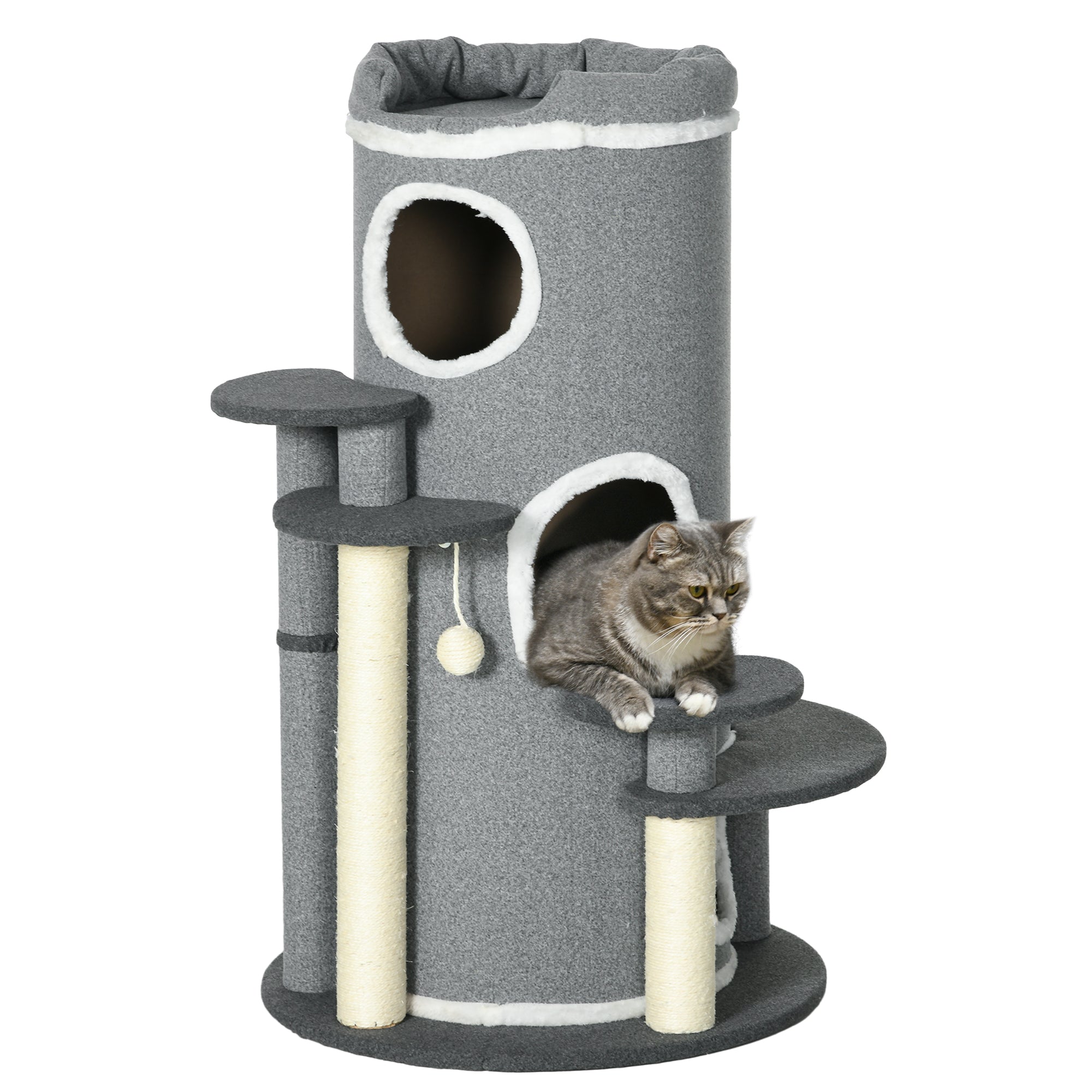 Barrel Shaped Cat Tree with Sisal Scratching Posts, Cat Bed, Platforms, Hanging Ball, Grey, Grey