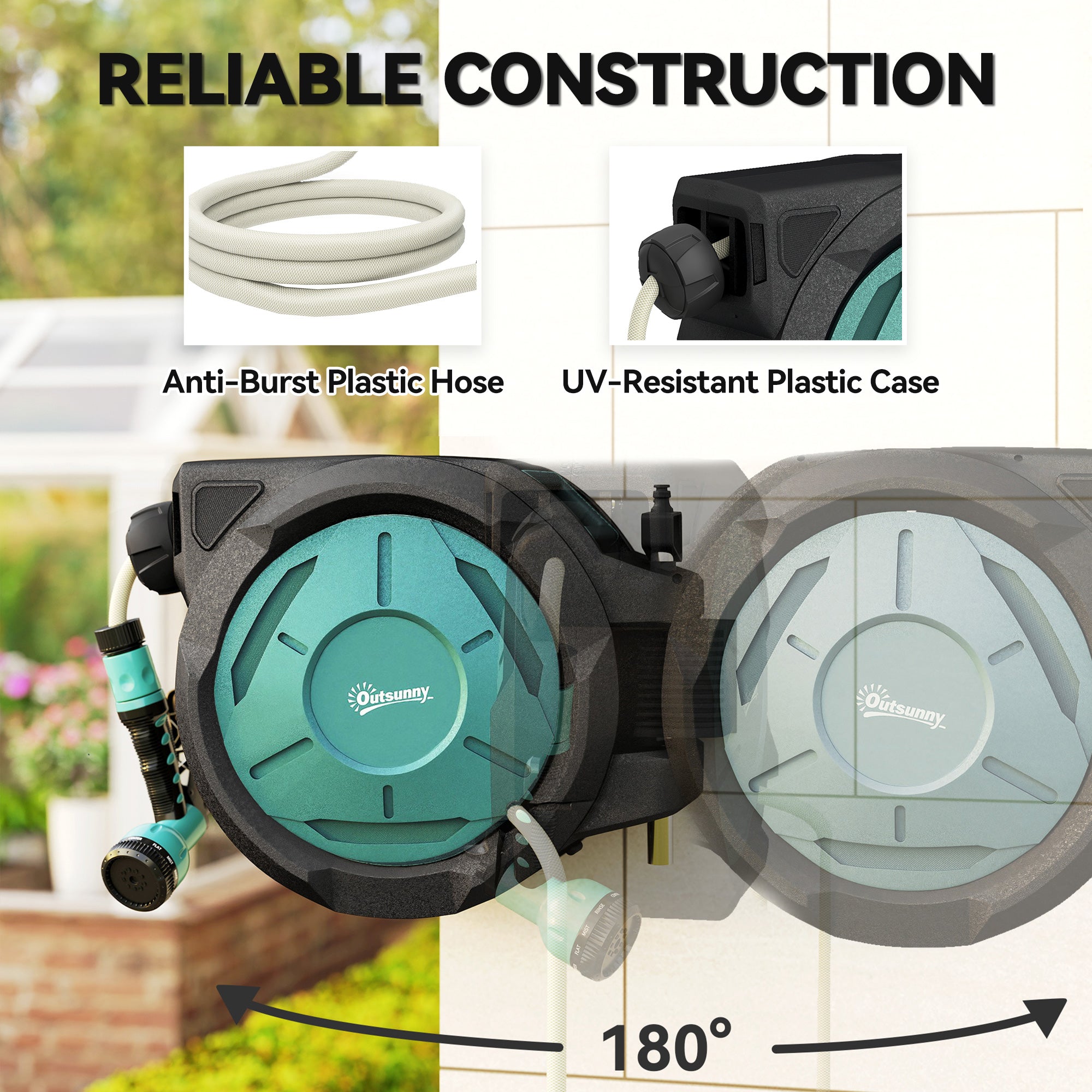 Retractable Hose Reel Wall Mounted, 20+2m Garden Hose Pipe Reel with Lock, Auto Rewind, 7 in 1 Spray Nozzle, Includes Wall Fixings, 180° Swivel, Outdoor Watering, 54 x 20 x 39 cm, Black