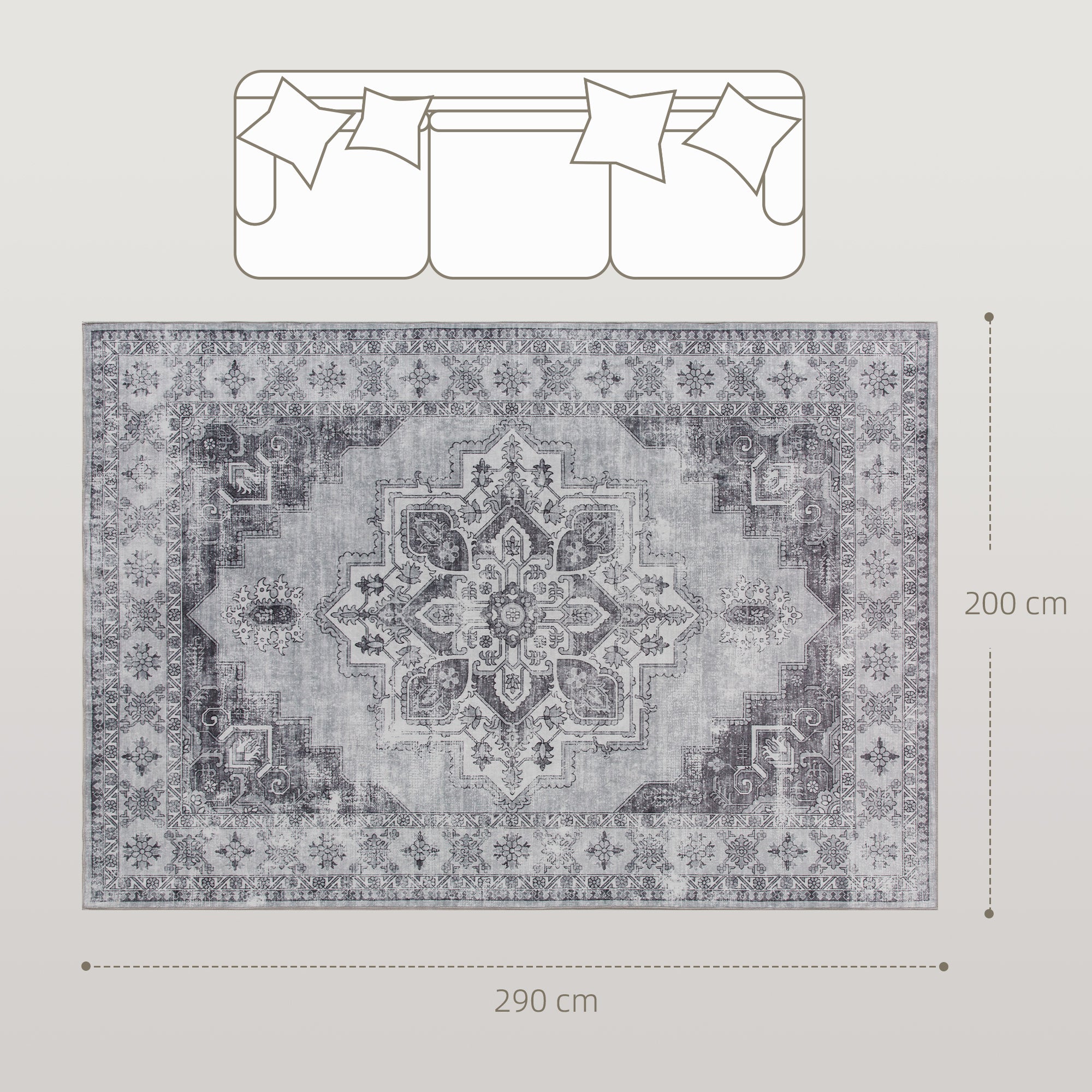 Vintage Area Rug, Non-Slip Washable Rug, Flannel Floor Carpet for Living Room, Bedroom, Dining Room, Home Office, 290 x 200 cm, Grey
