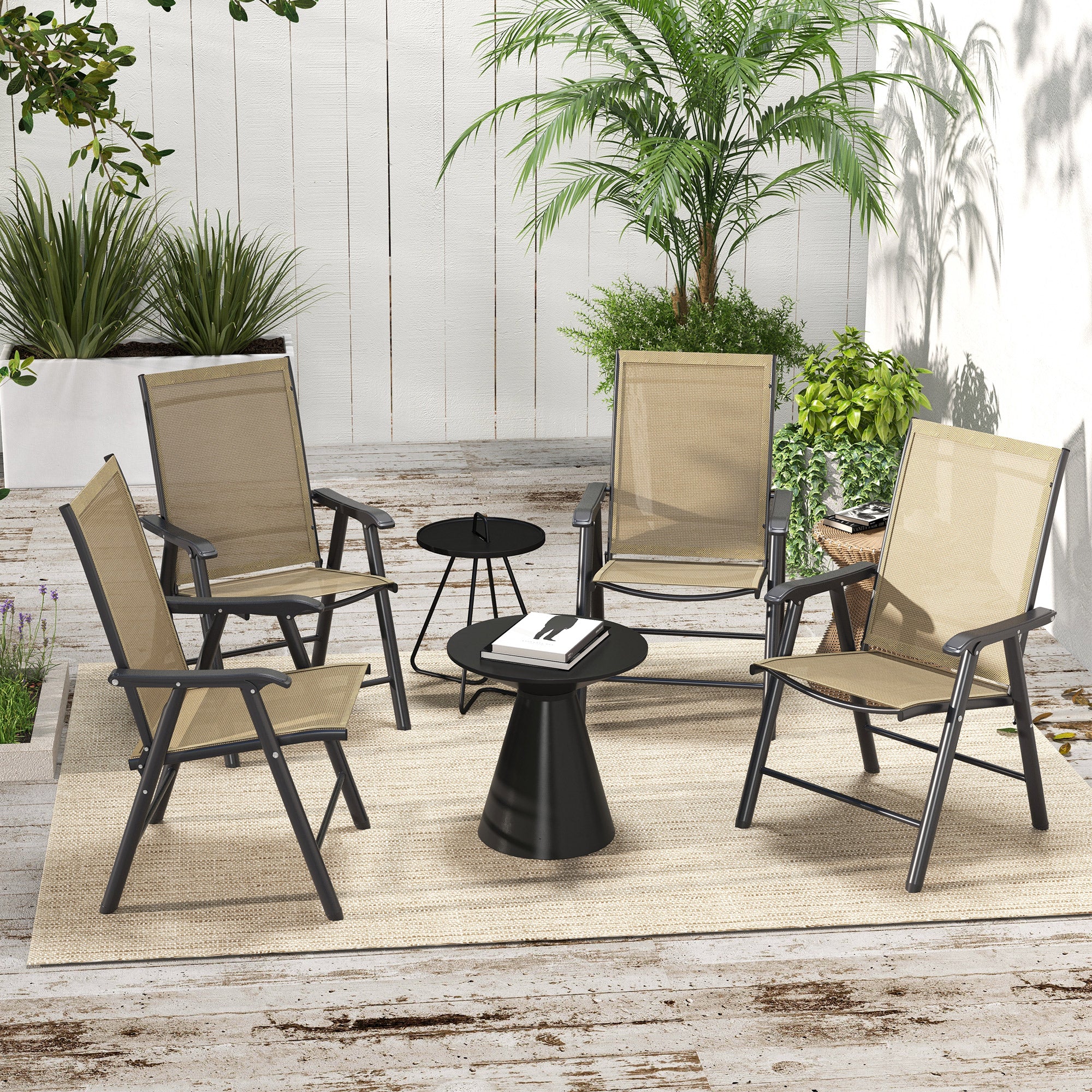 Set of 4 Foldable Metal Garden Chairs with Breathable Texteline Seats - Light Brown