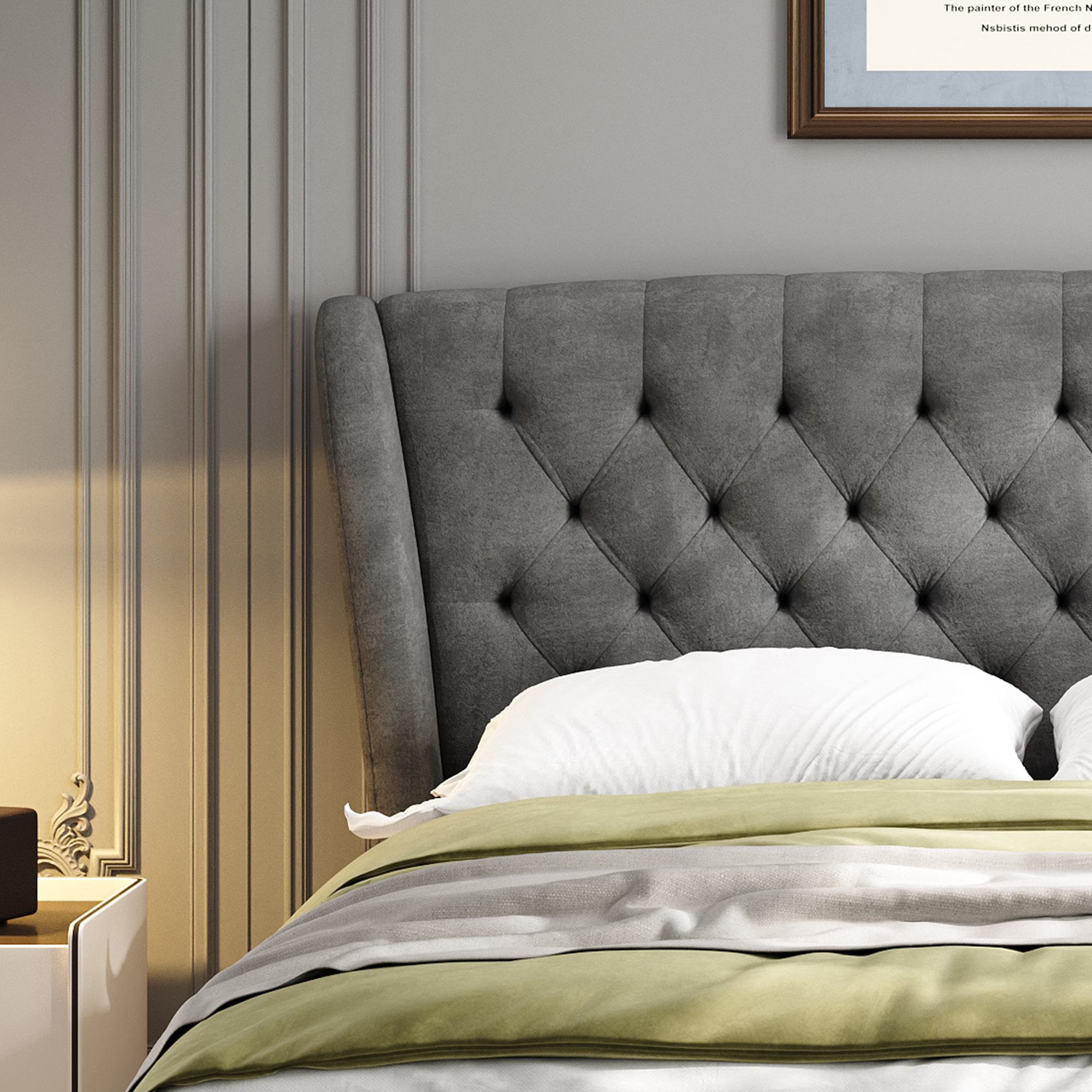 Upholstered Storage Bed with 4 Drawers and Soft Backrest - Gray