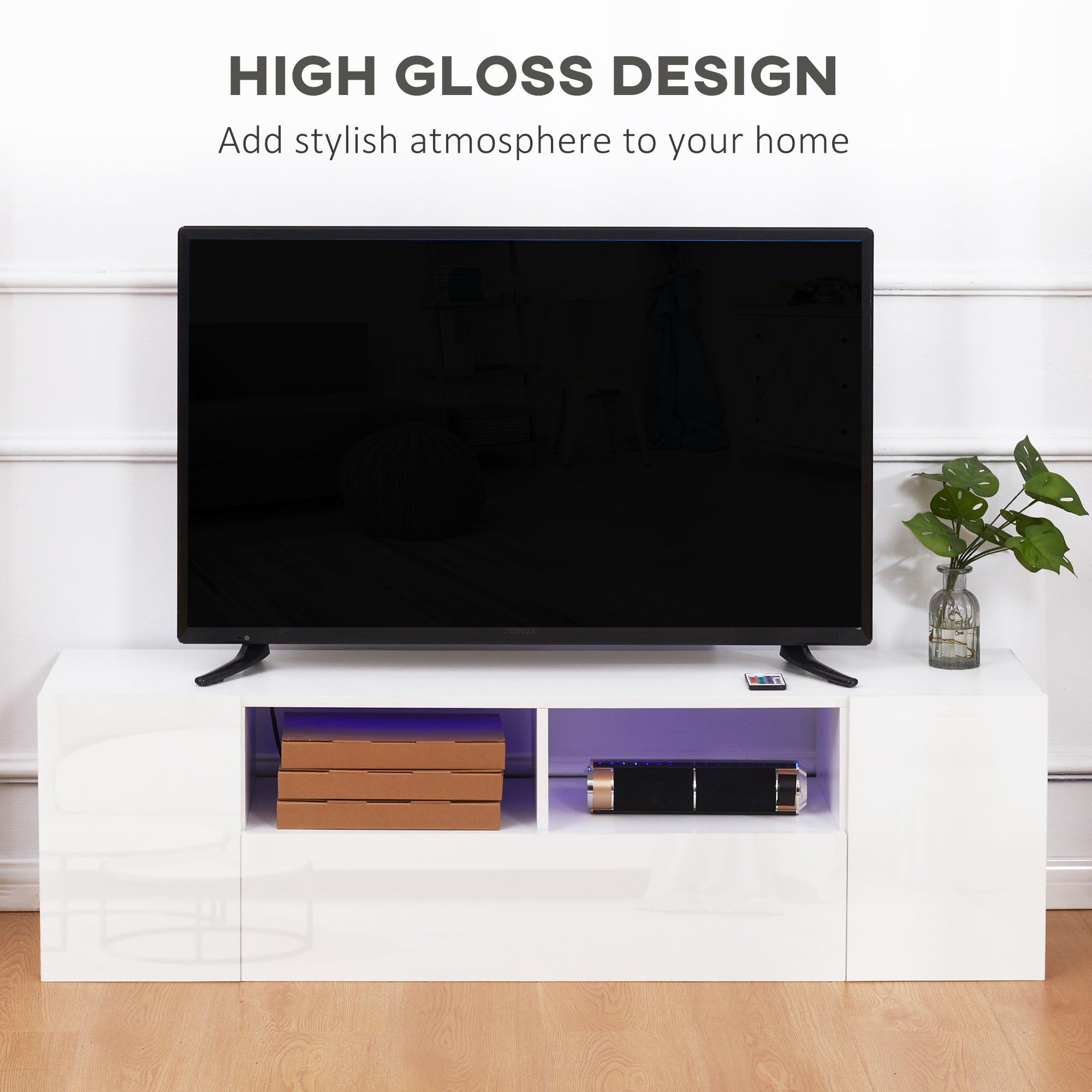 16 LED Light TV Stand, with Storage - High Gloss White