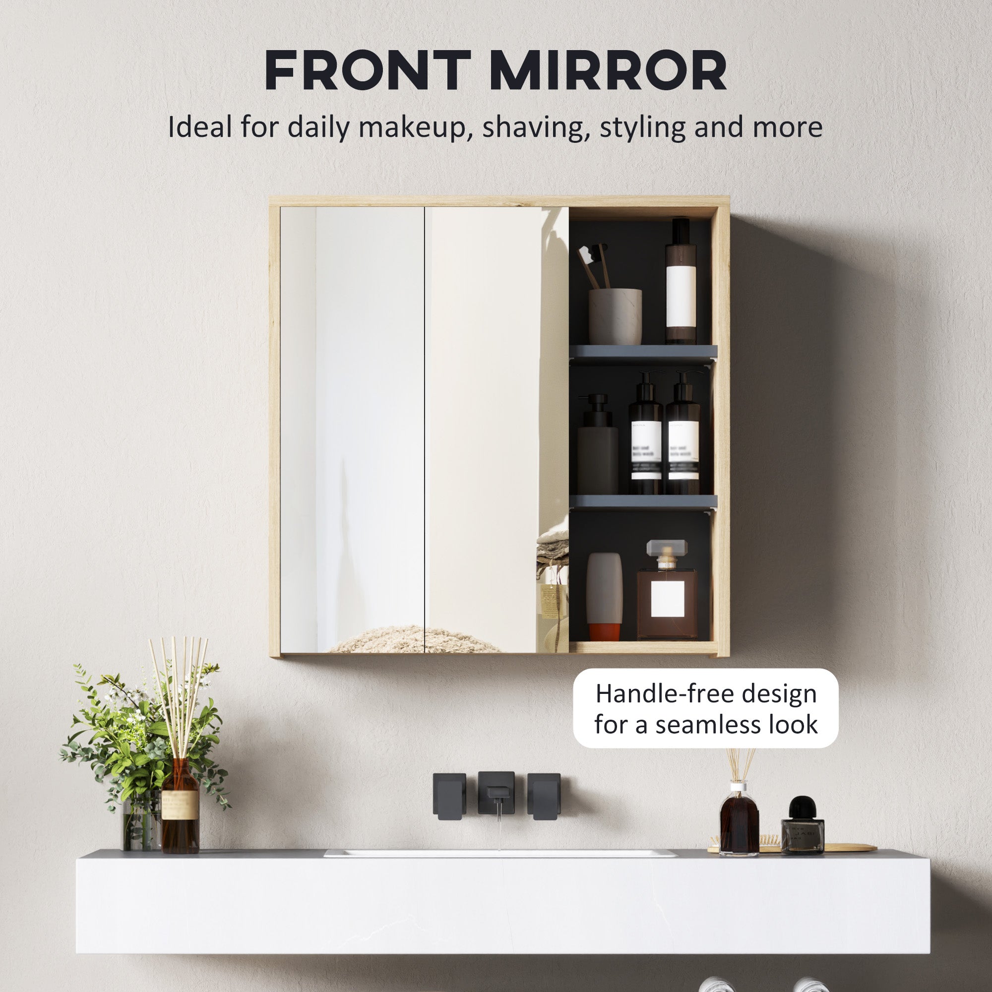 Five-Shelf Mirrored Bathroom Cabinet Wall-Mounted with Wood-Effect Finish
