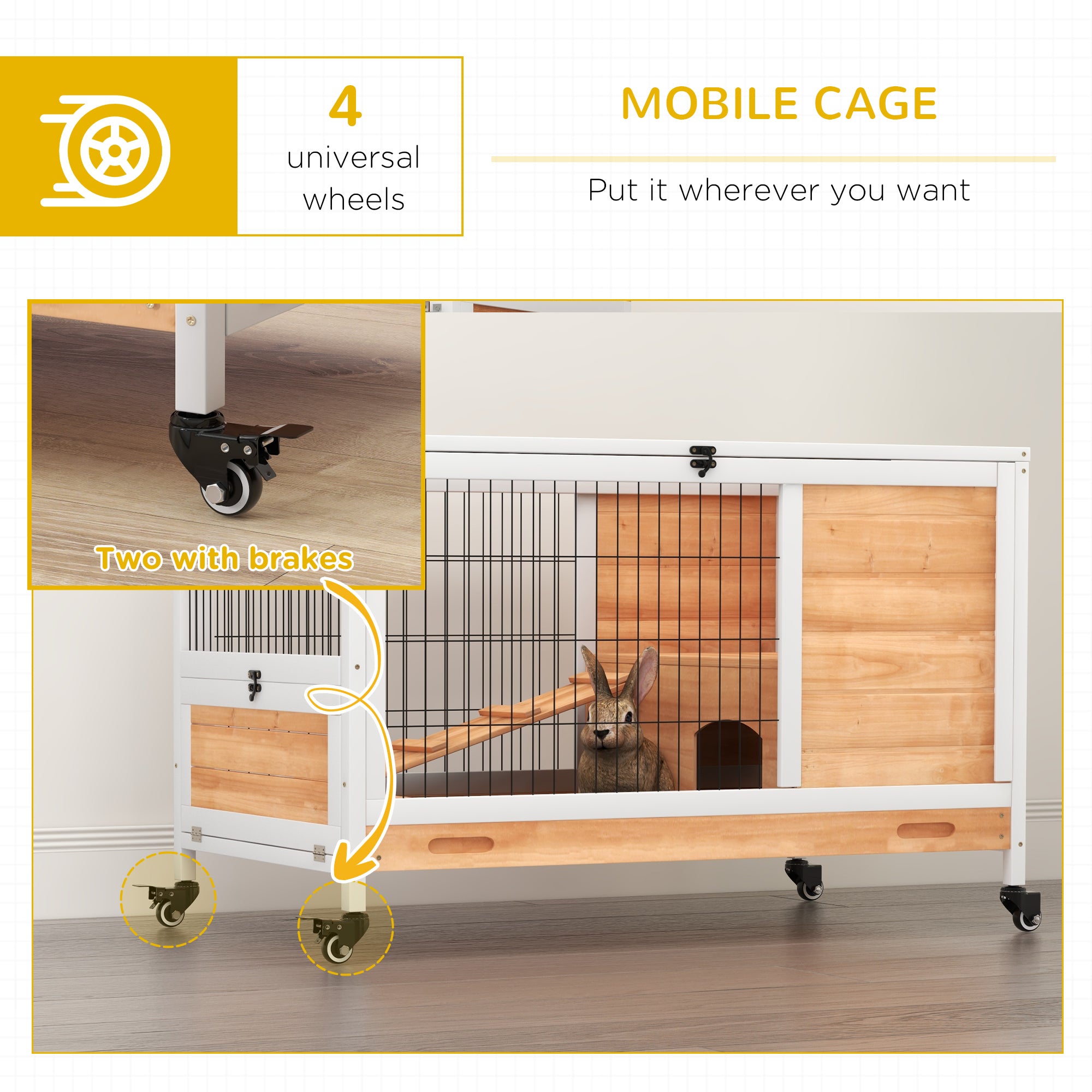 Wooden Guinea Pig Hutch, 2-Floor Bunny Cage w/ Enclosed Run Area, Yellow