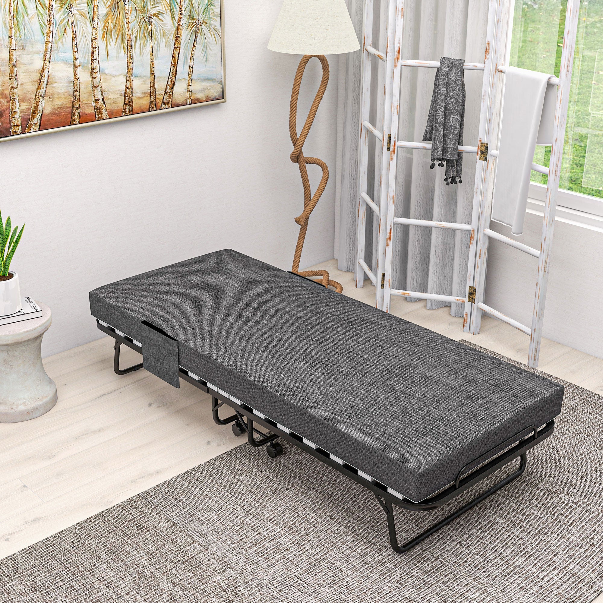 Folding Bed with Mattress, Foldable Guest Bed on Wheels, Portable Single Bed with 10cm Mattress, Side Pockets, Cover, 190 x 80cm, Dark Grey