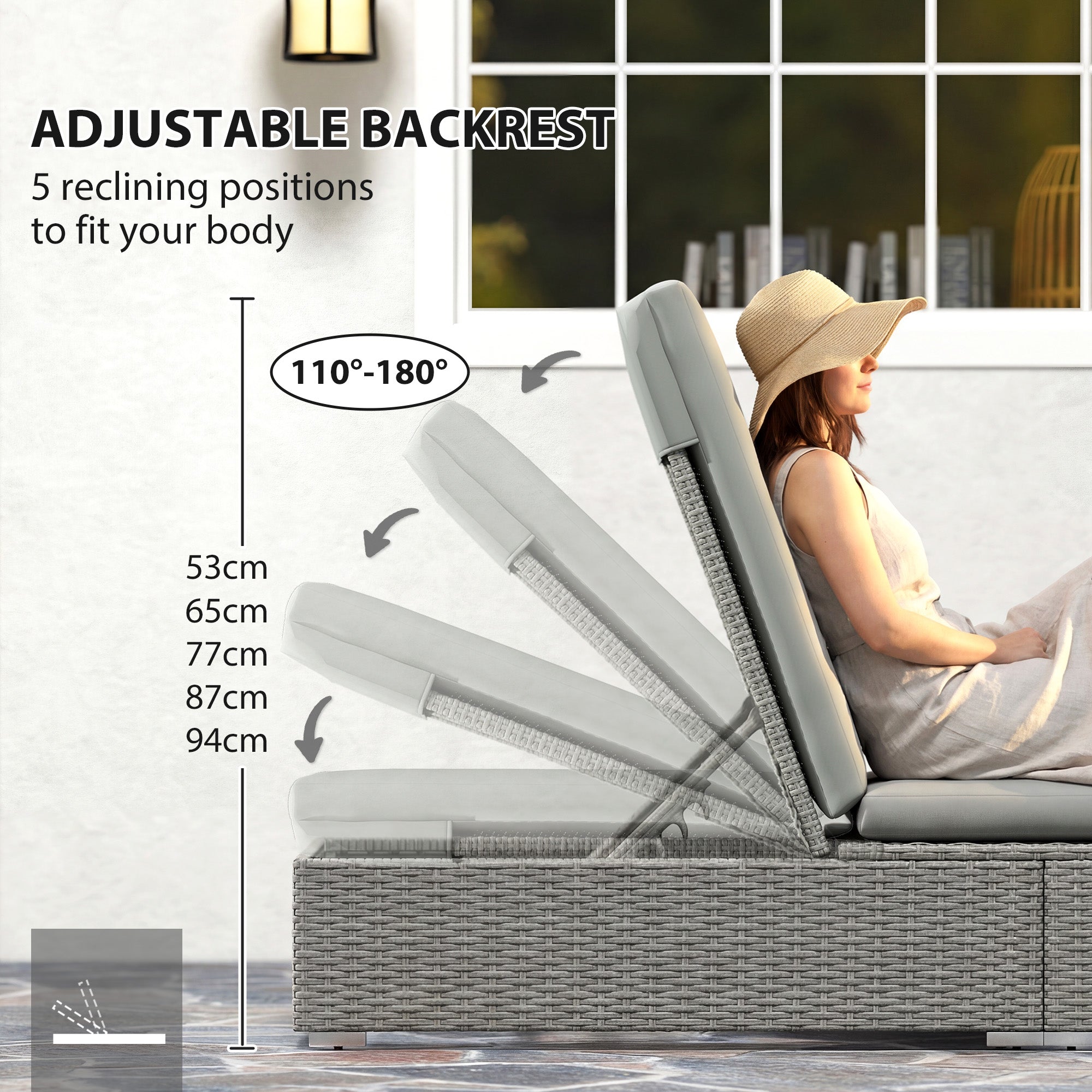 Rattan Sun Lounger, Five-Position Reclining Garden Lounger Bed with Cushion, Light Grey