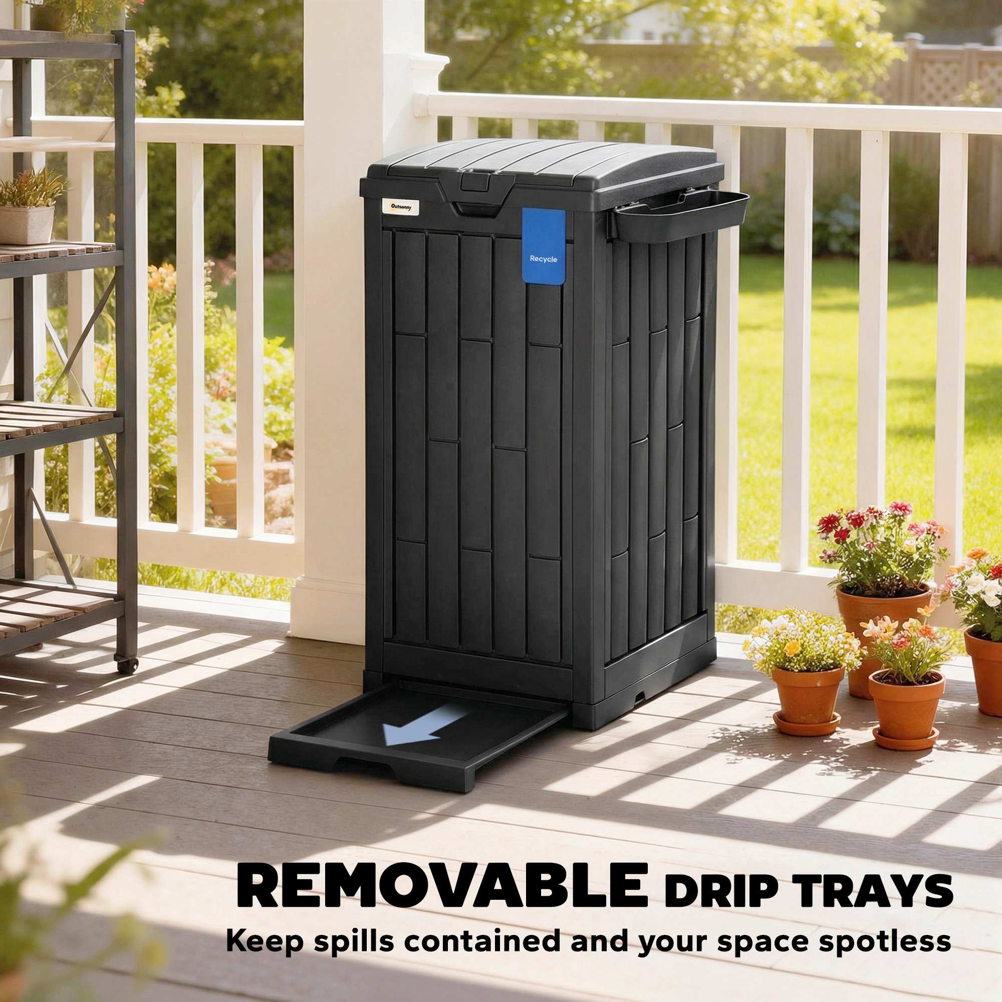 110 L Outdoor Bin with Dual Lid, Waterproof Plastic Trash Bin with Ashtray and Drip Tray, Garden Waste Trash Bin, Black