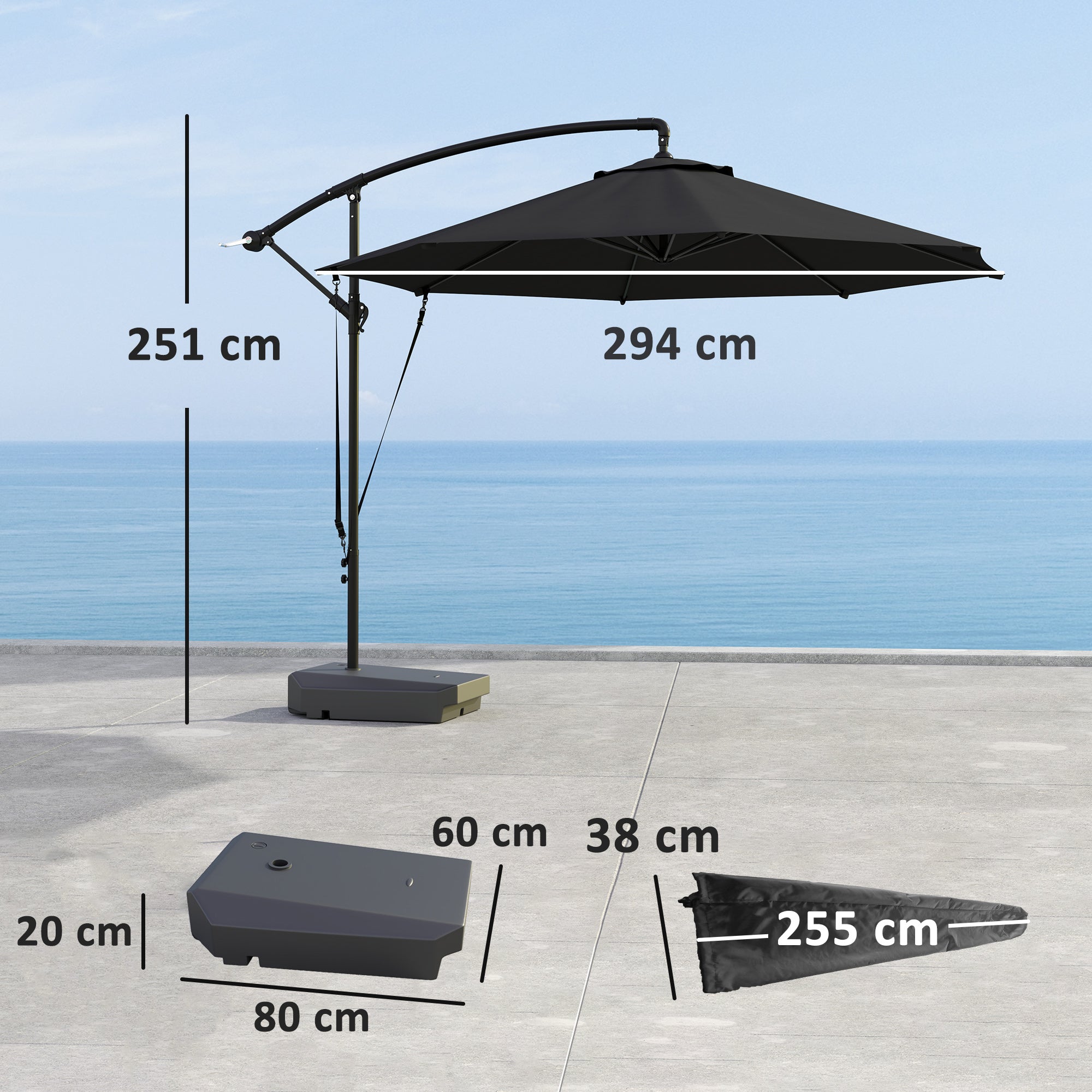 3m Garden Cantilever Parasol with Fillable Base, Wind Straps, Crank Handle & Tilt, UPF50+ Round Hanging Umbrella - Grey
