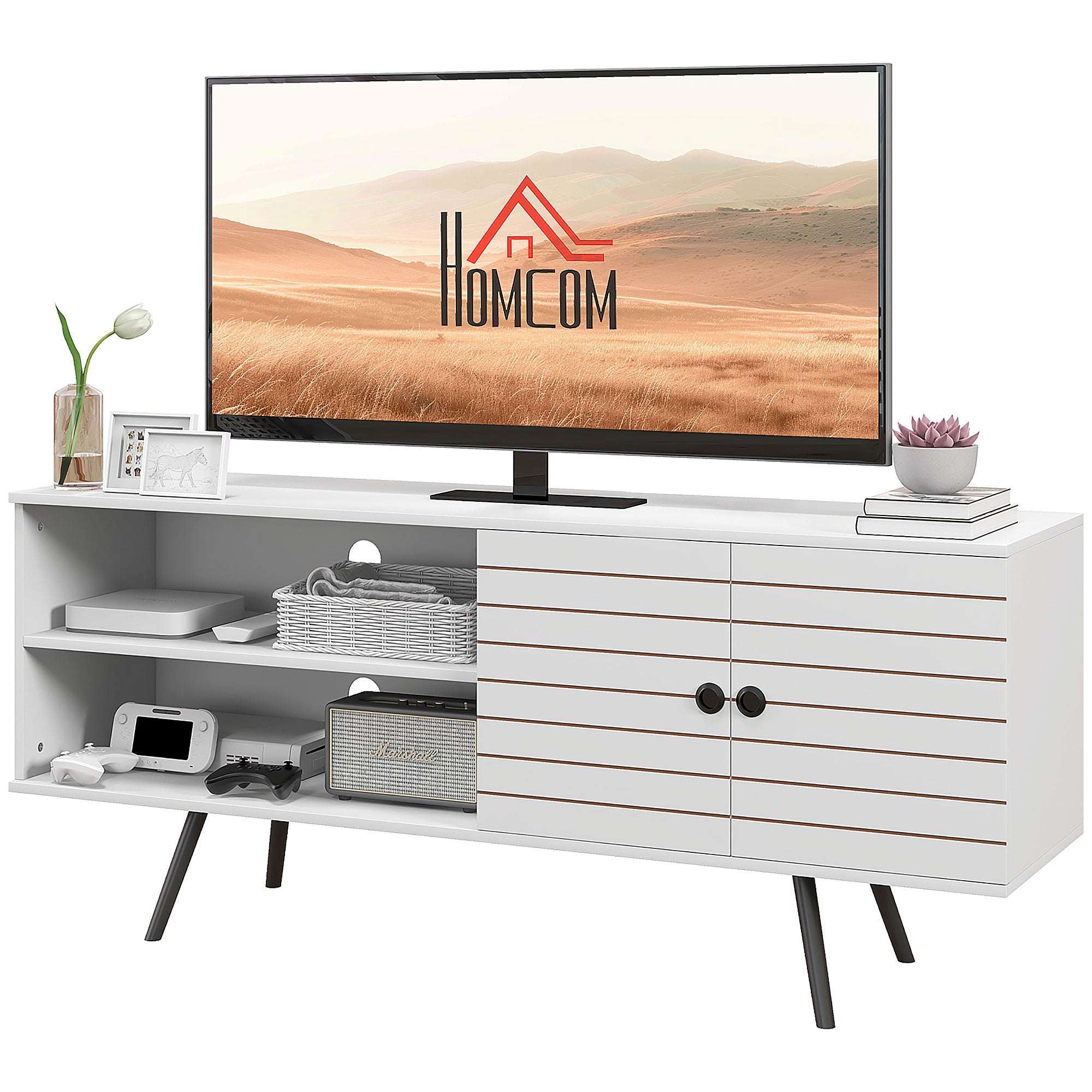 Duo Storage TV Unit, with Striped Door - White