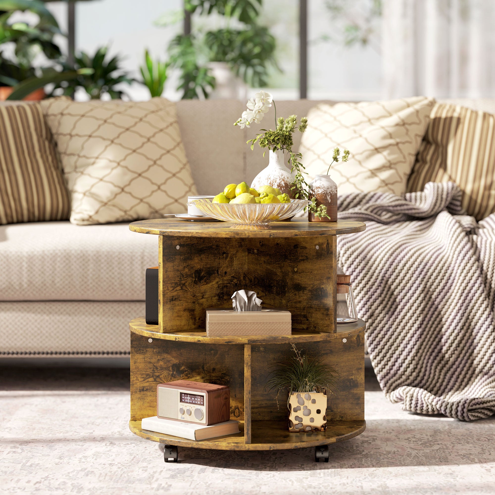 Round Coffee Table with Wheels, 3-Tier Rolling Side Table for Living Room with Divided Shelves, Rustic Brown