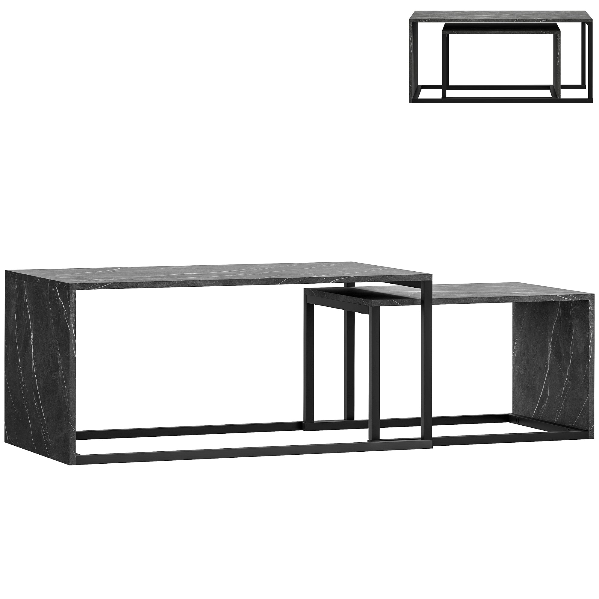 Nesting Coffee Table Set of 2, Industrial Stacking Side End Tables with Metal Frame for Living Room, Bedroom, Dark Grey Marble Effect
