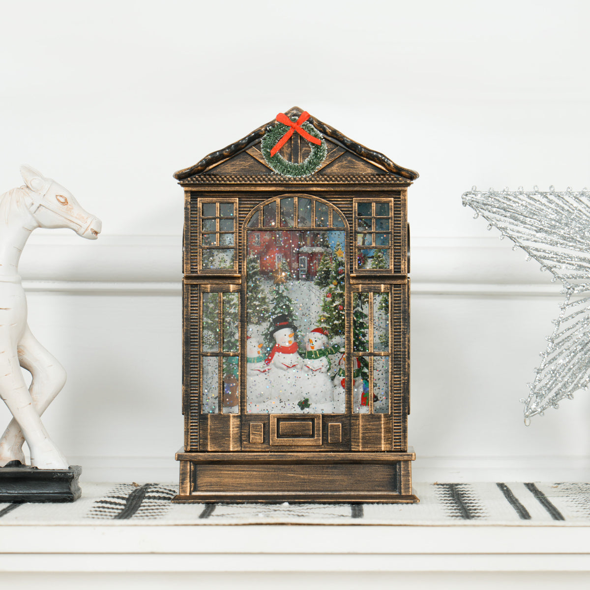 Christmas Musical Snow Globe Lantern with Lights and Swirling Glitter - Bronze Tone