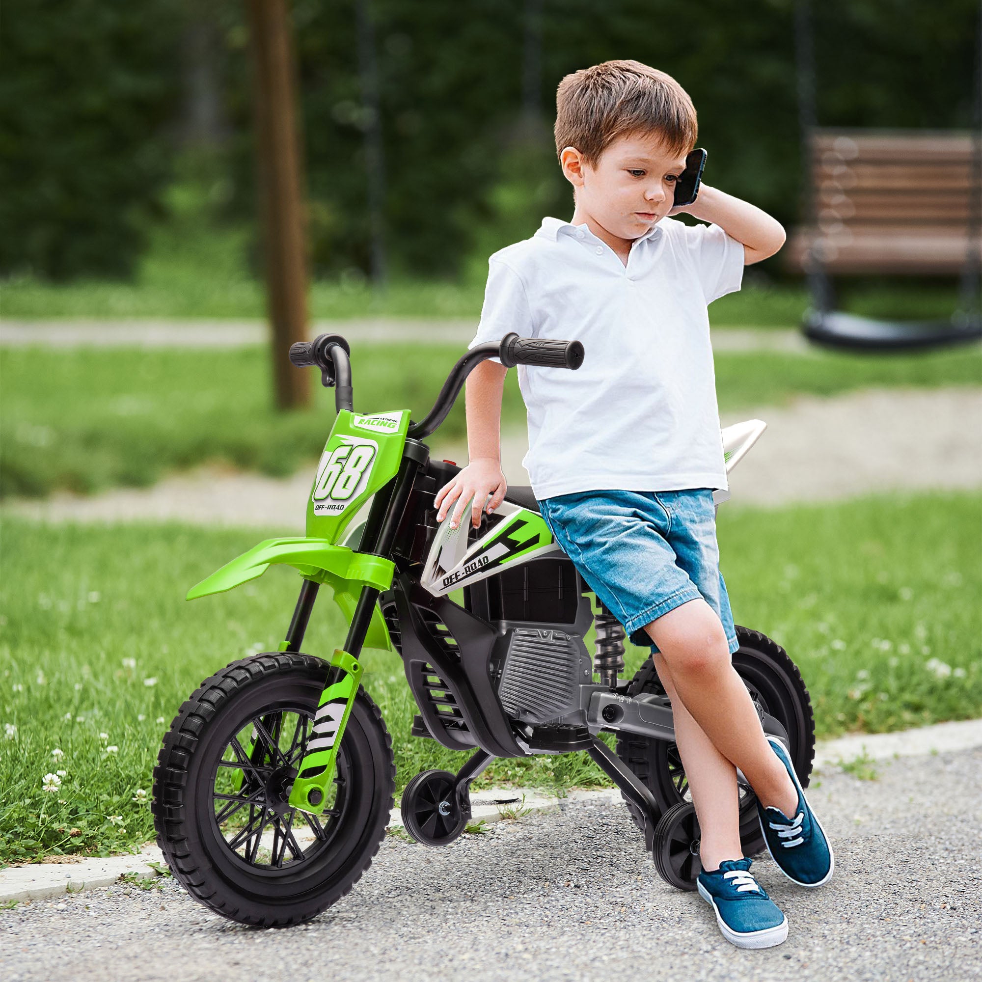 12V Kids Electric Motorbike, Kids Electric Ride on Motorcycle w/ Twist Grip Throttle, Training Wheels - Green