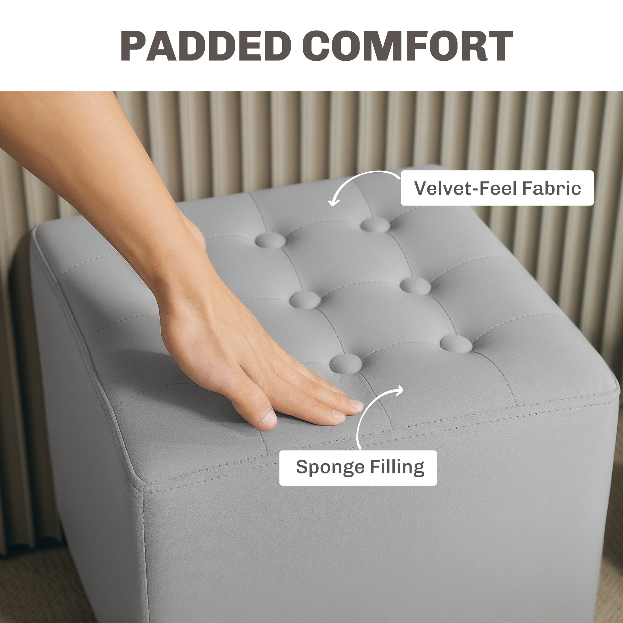 Velvet-Feel Square Ottoman Compact Footstool - Light Grey