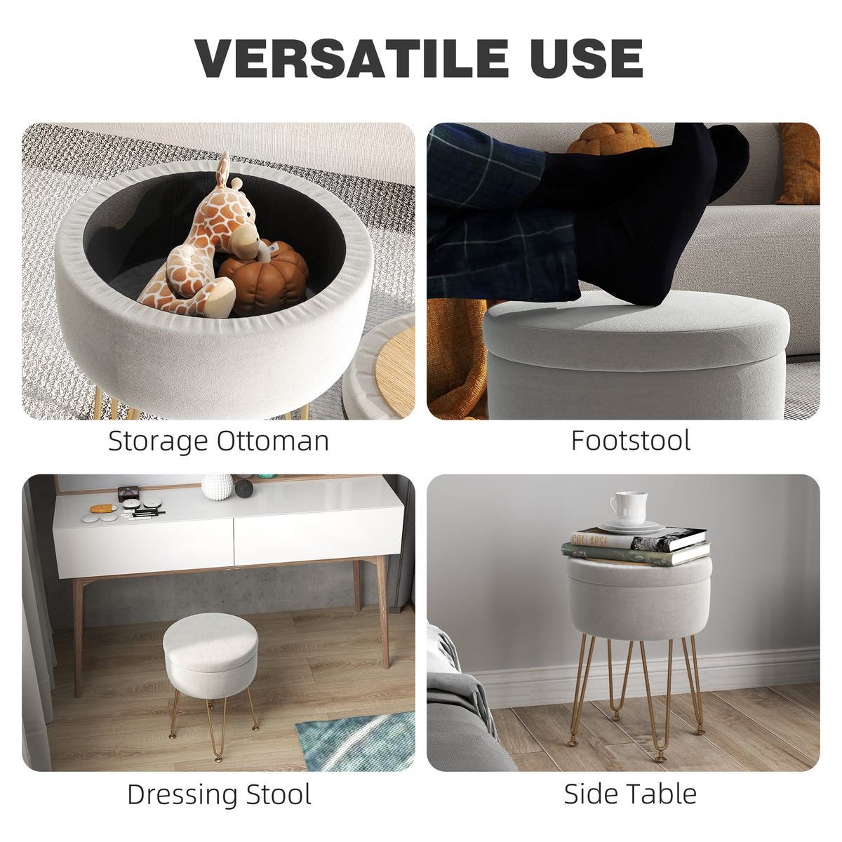 5L Velvet-Feel Storage Ottoman with Gold Legs - Cream White