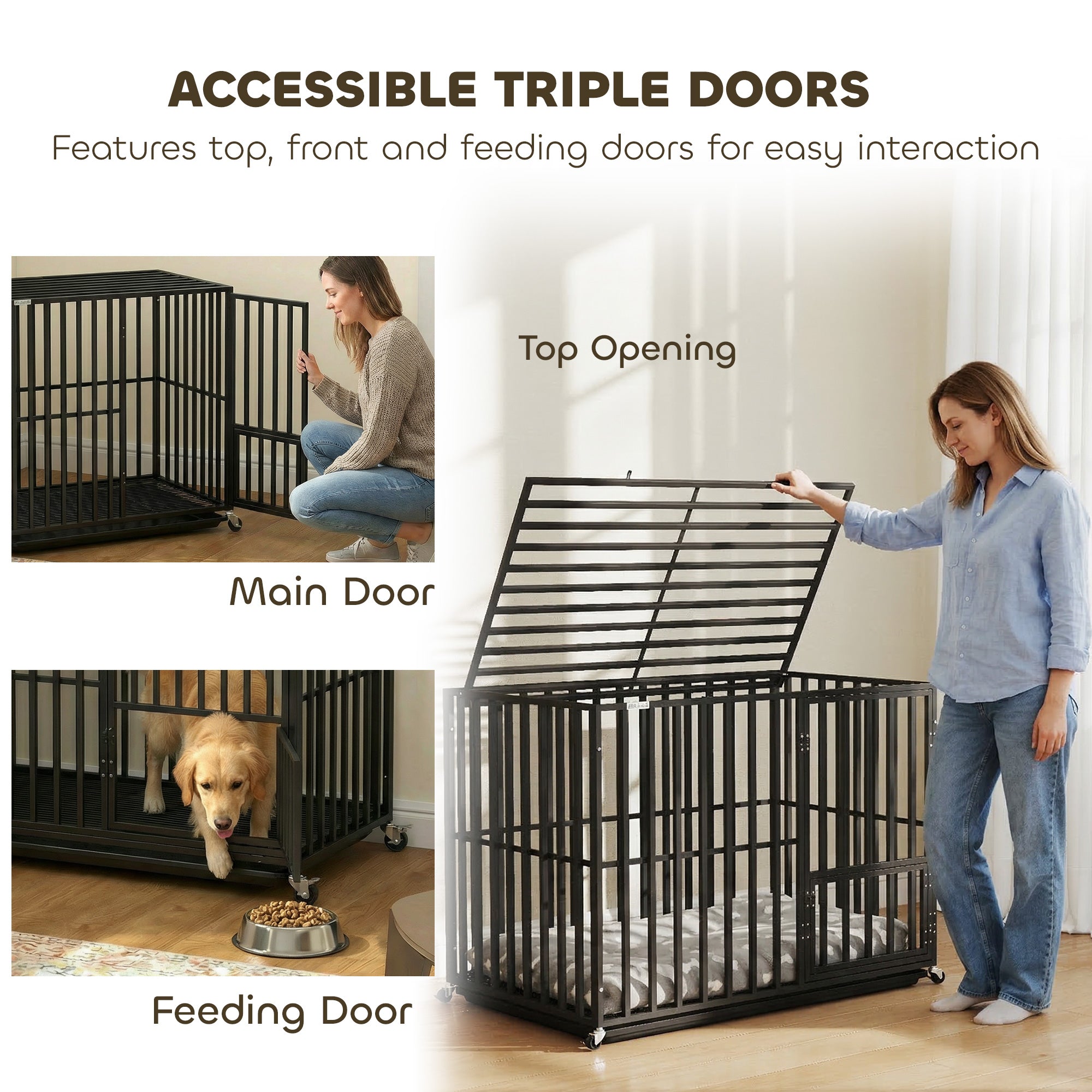 Heavy Duty Dog Crate, Dog Cage with Wheels for Medium Large Breeds with Removable Tray, Black