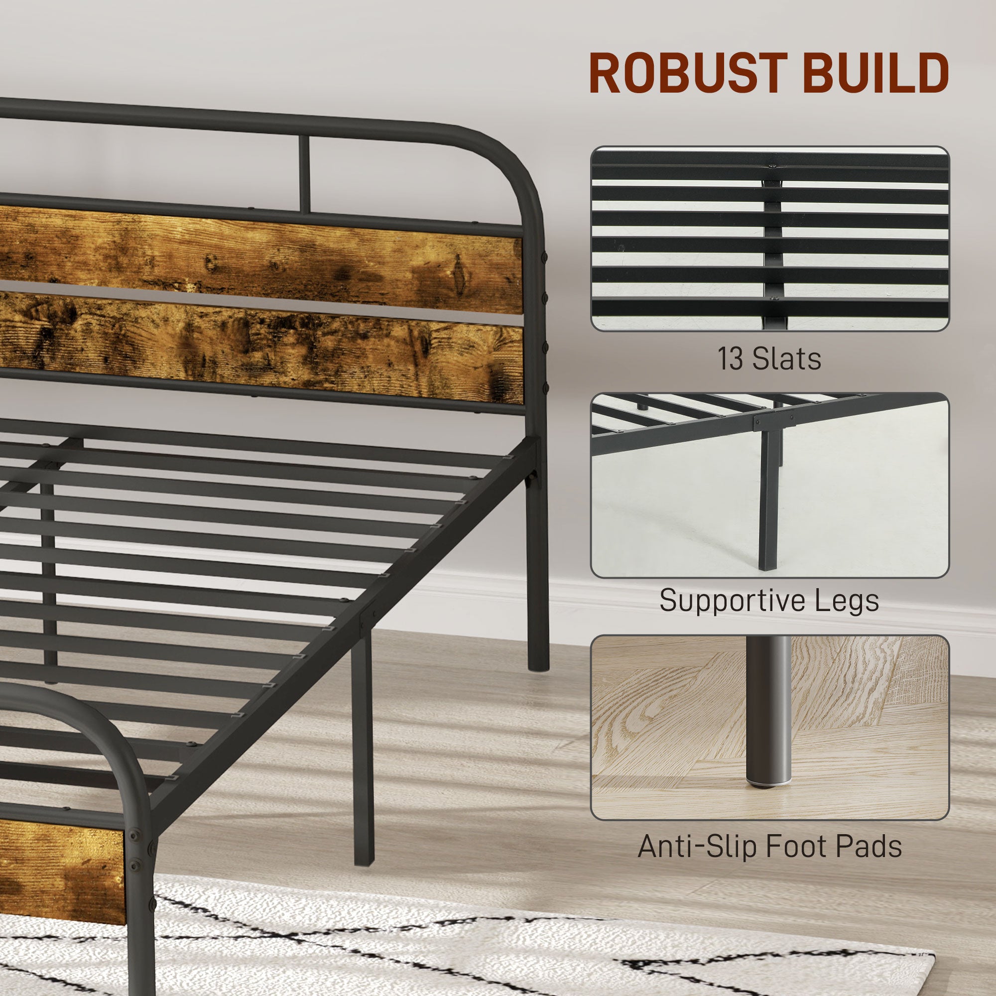 Industrial-Style Double Bed Frame - Black/Brown