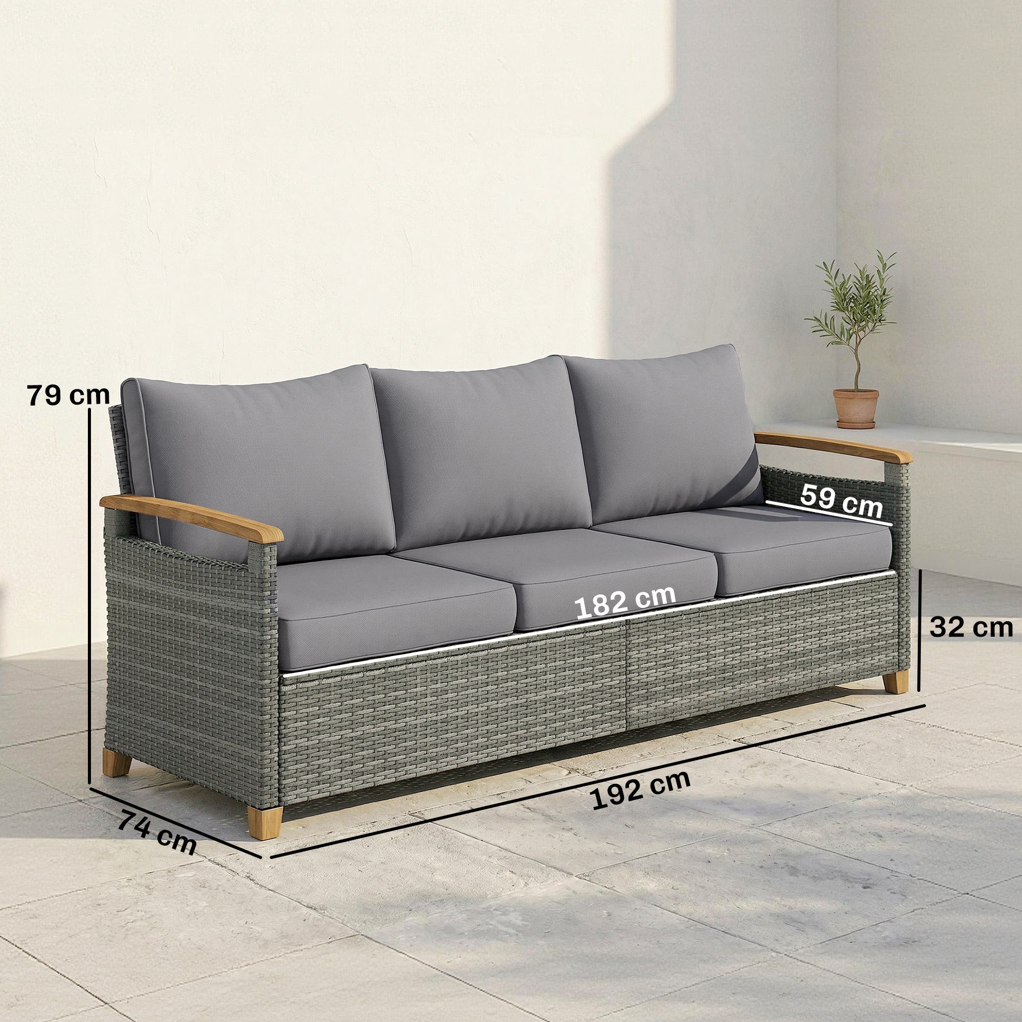 3 Seater Rattan Garden Sofa, PE Wicker Outdoor Sofa Wide Deep Seat, 4" Cushions, Wood-Effect Armrests Legs, Dark Grey