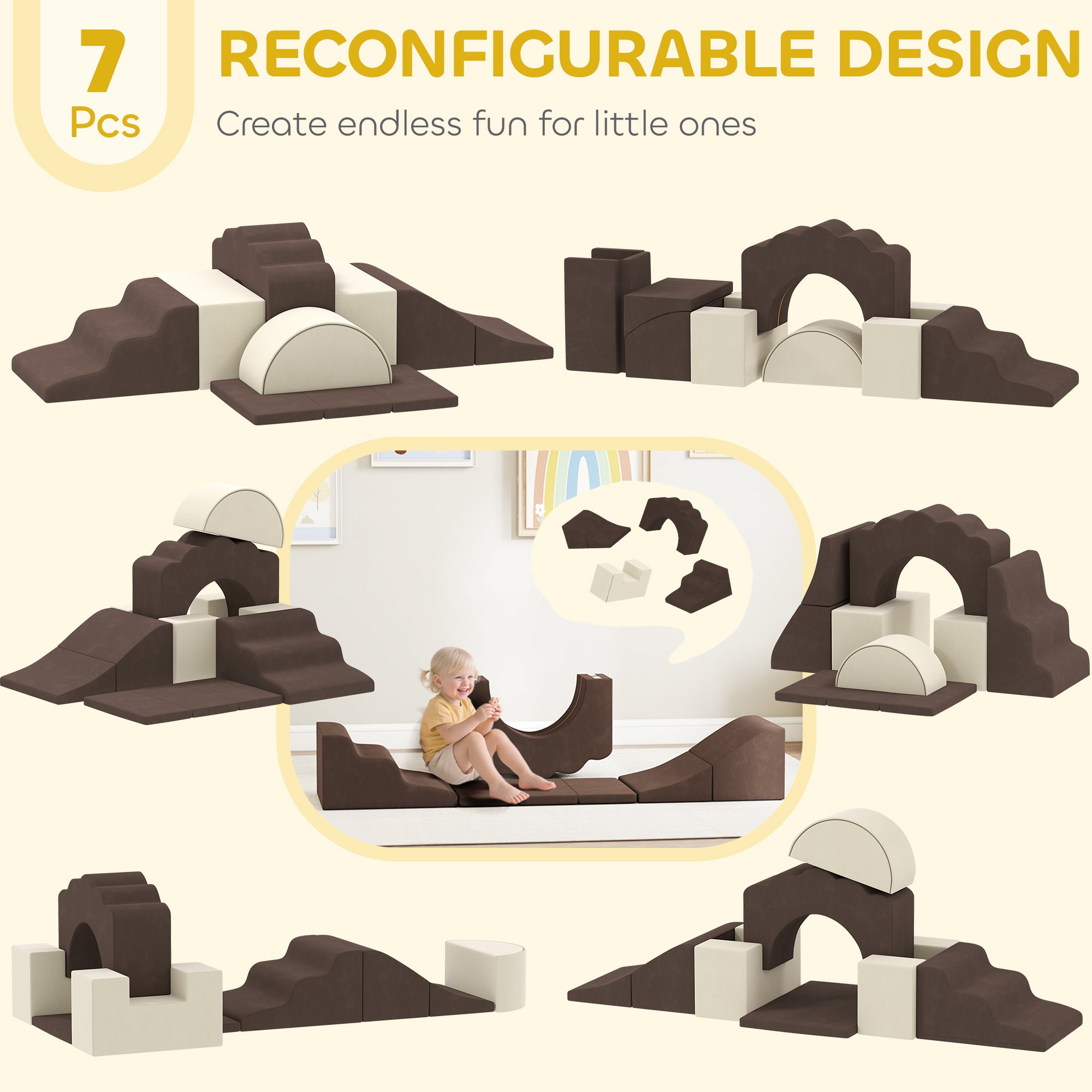 7 Piece Kids Soft Play Set with Detachable Cover, Baby Indoor Climb and Crawl Foam Toy for Toddlers, Preschoolers, Brown