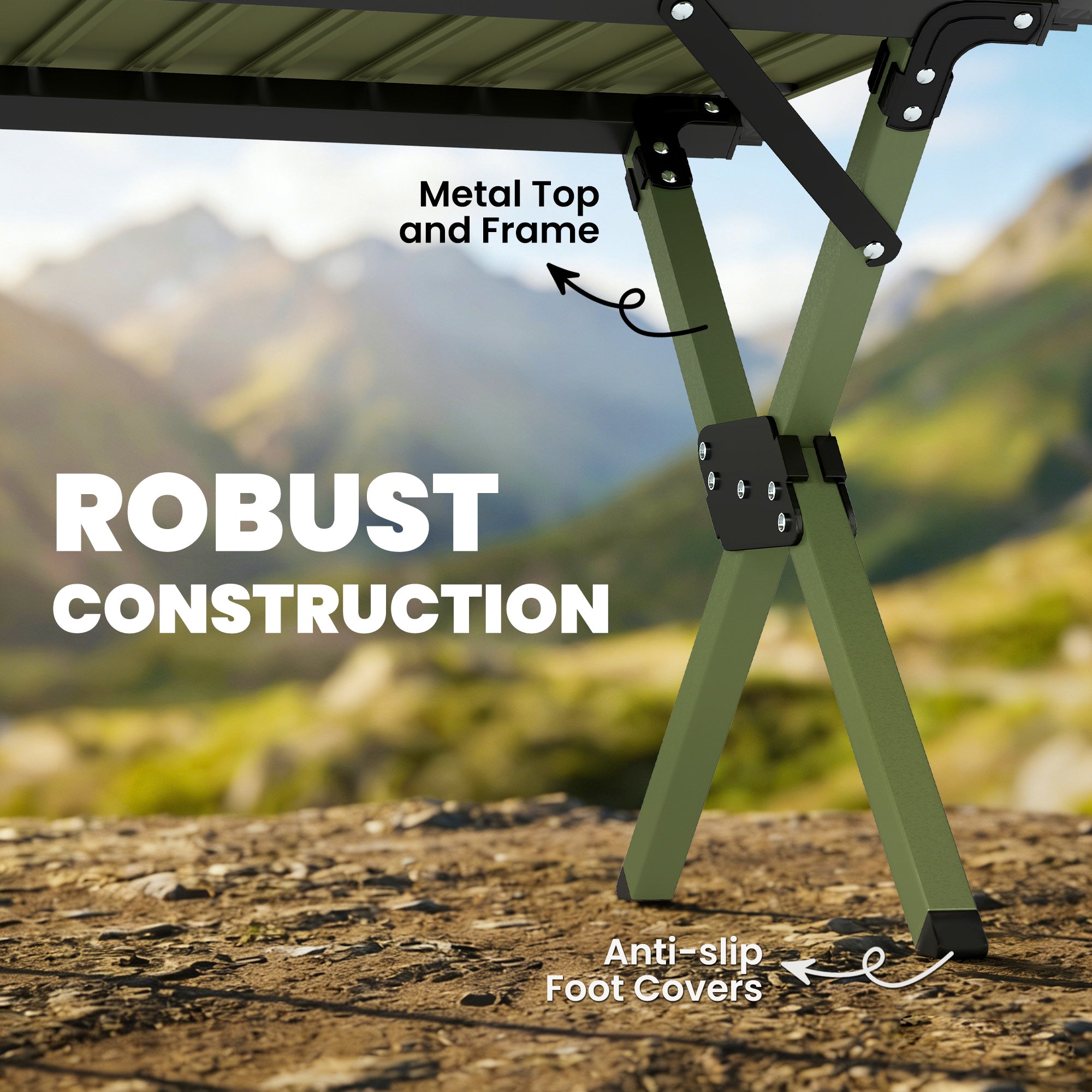 4ft Folding Camping Table, Waterproof Picnic Table with Roll Up Top and Metal Frame, Green