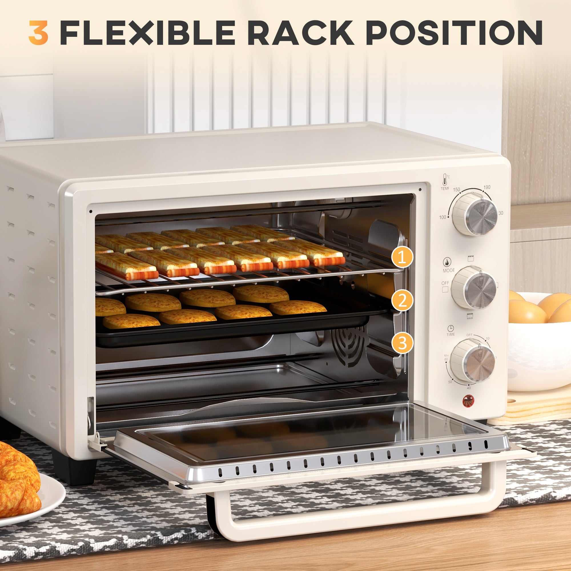 Mini Oven, 21L Countertop Electric Grill, Toaster Oven with Adjustable Temperature, Timer, Baking Tray and Wire Rack, 1400W, Cream