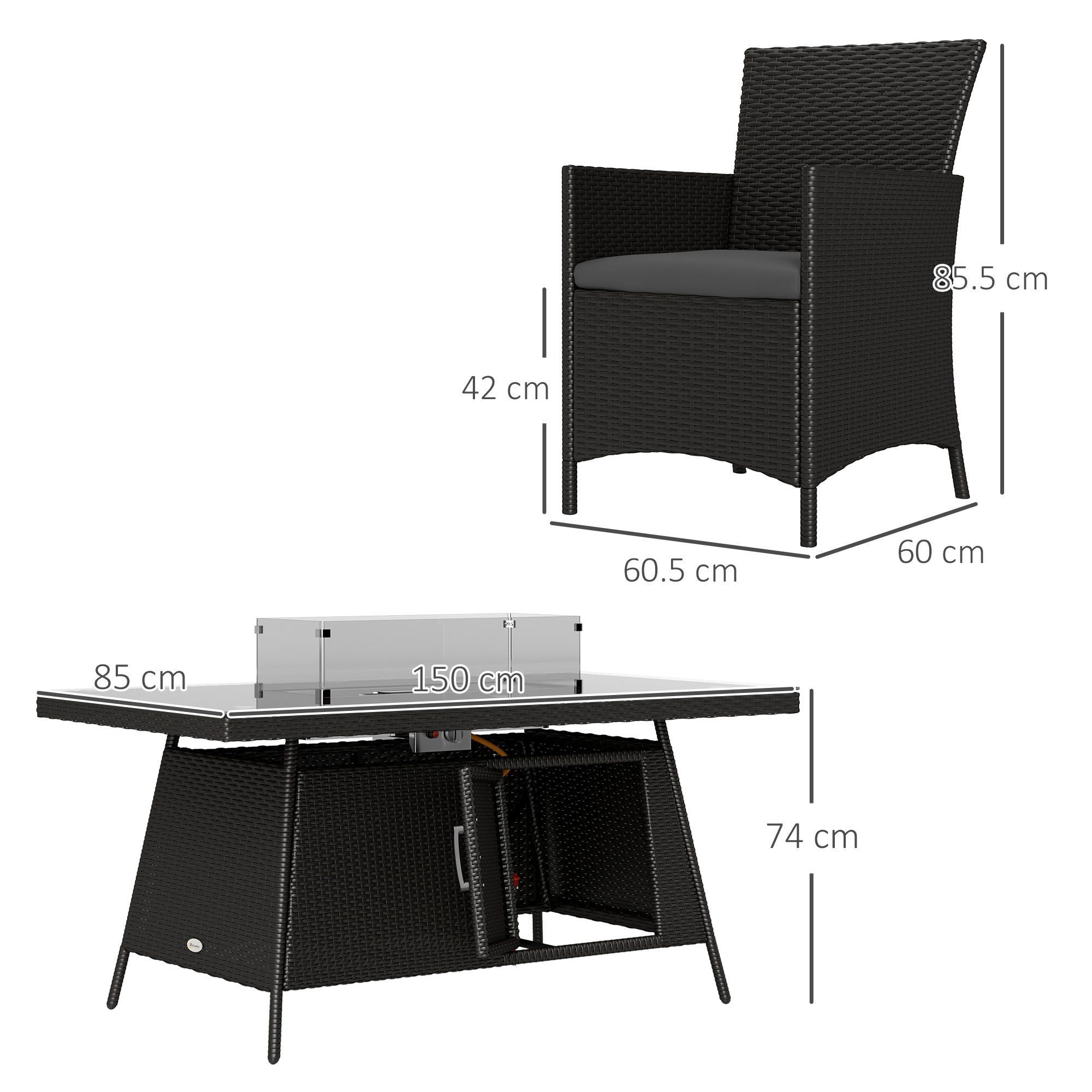 7 Piece Outdoor Rattan Garden Dining Set with 6 Chairs, Fire Pit Table & 50,000 BTU Propane Heater - Black