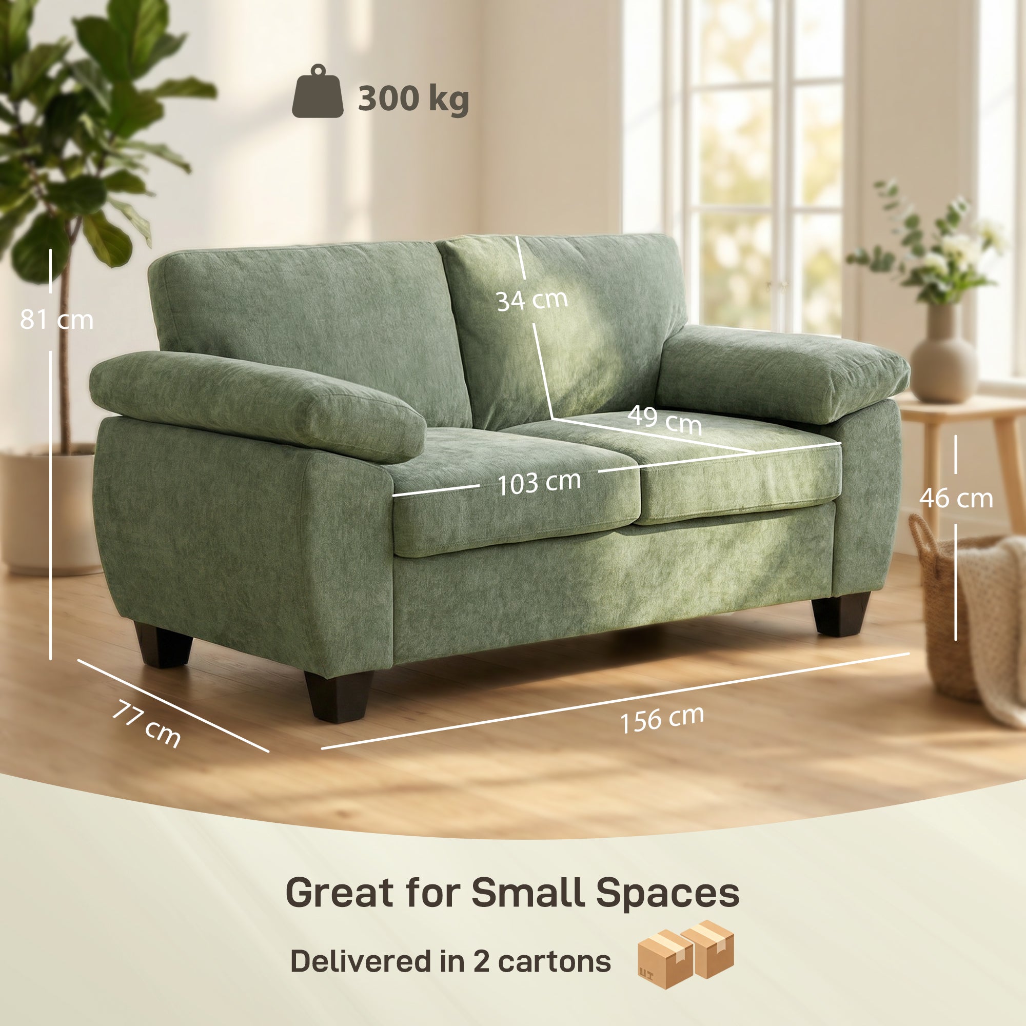 2 Seater Sofa, 156cm Chenille Loveseat Sofa, Dark Green