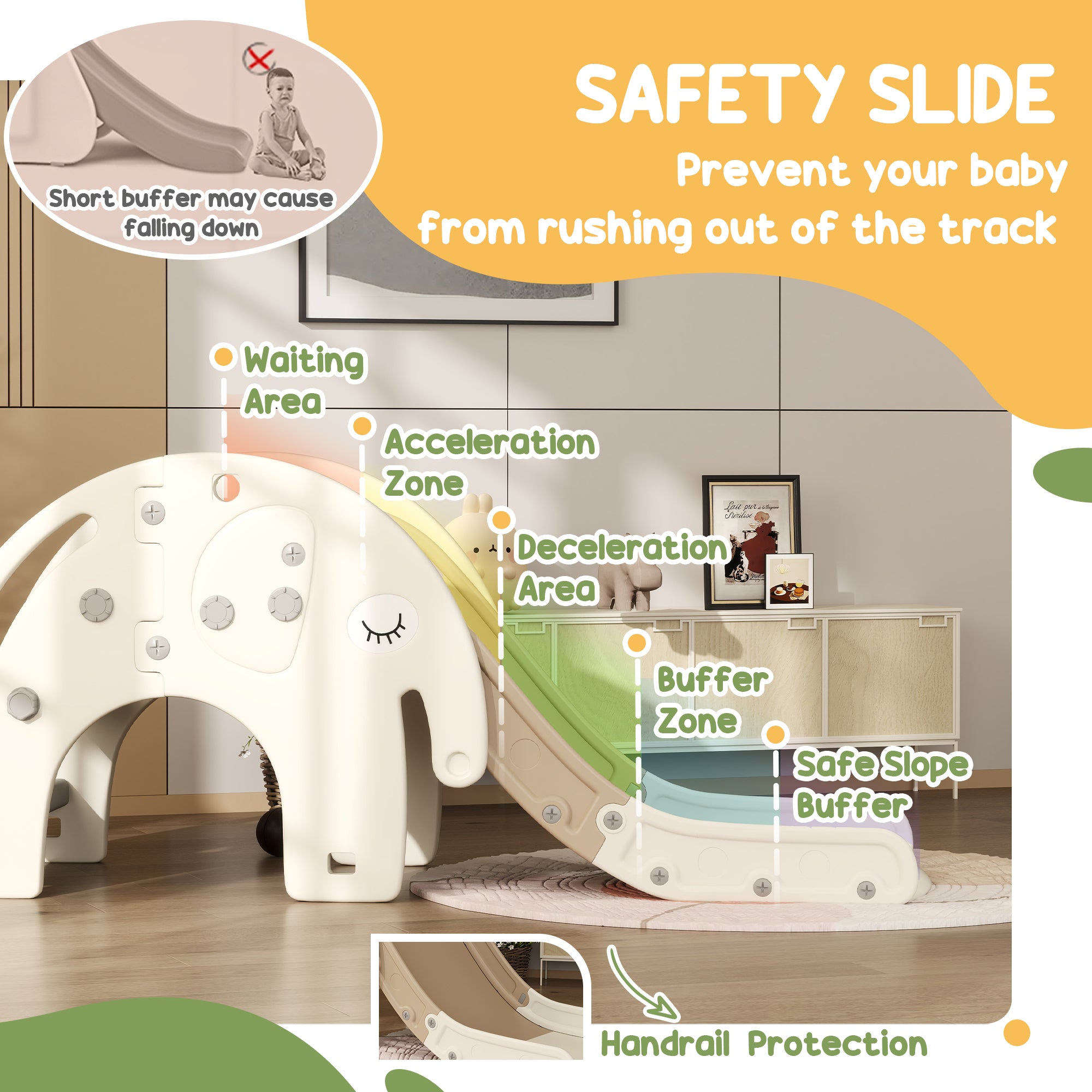 3 in 1 Toddler Slide with Basketball Hoop, Climber, Elephant-Themed, for 1-3 Years, Cream White