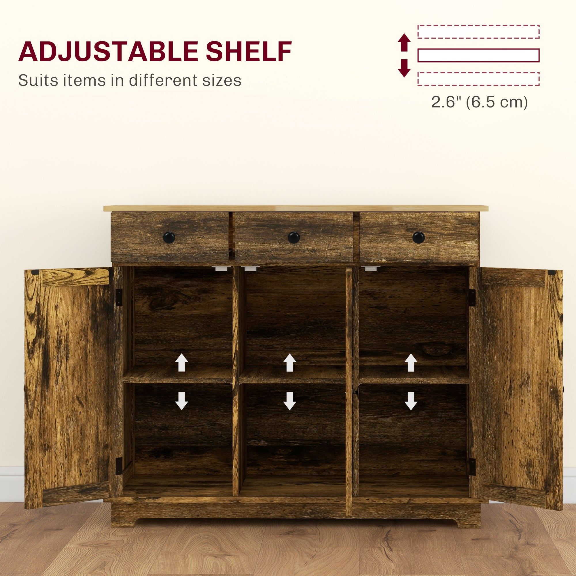 Sideboard with Rubberwood Top and Adjustable Shelves for Dining Room, Kitchen - Rustic Brown