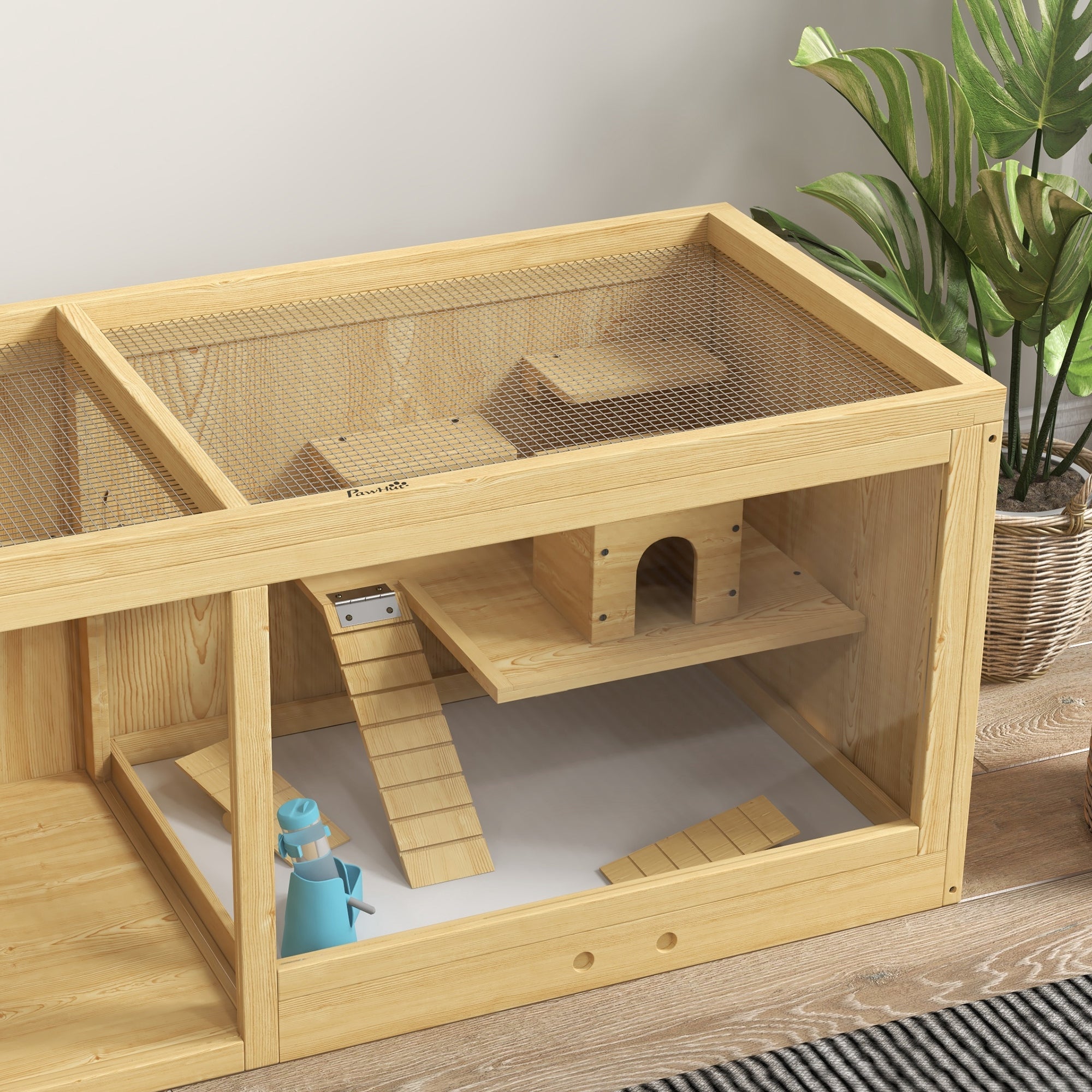 Wooden Hamster Cage with Water Bottle, Platforms, Openable Roof, Sliding Tray, Hut, Seesaws, Natural Wood Finish