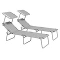 Outdoor Foldable Sun Lounger Set of 2 with 4-Level Adjustable Backrest & Sun Shade Awning - Light Grey