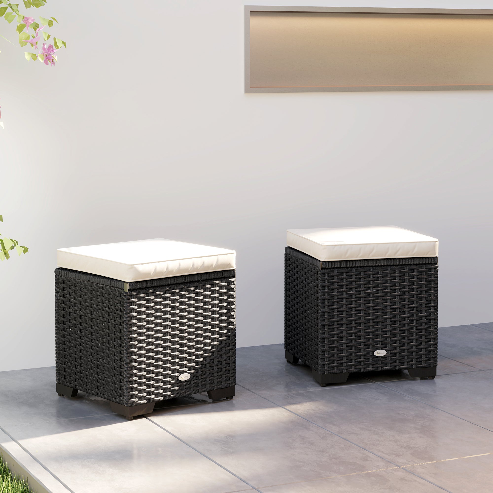 Set of 2 Rattan Storage Ottomans with Removable Cushions - Cream