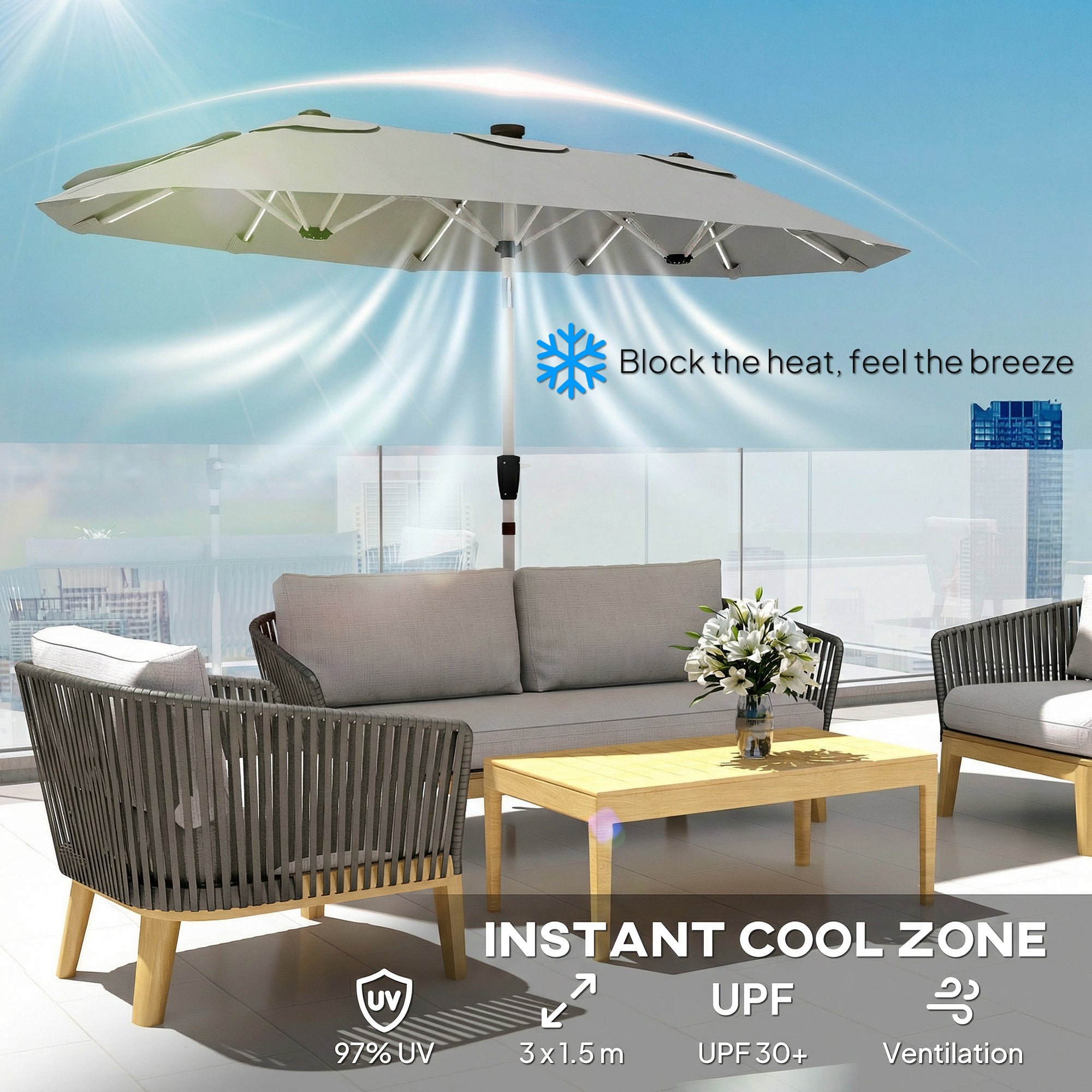 3 m Double-Sided Garden Parasol with LED Solar Lights, Outdoor Extra Large Sun Umbrella with Crank Handle, Grey