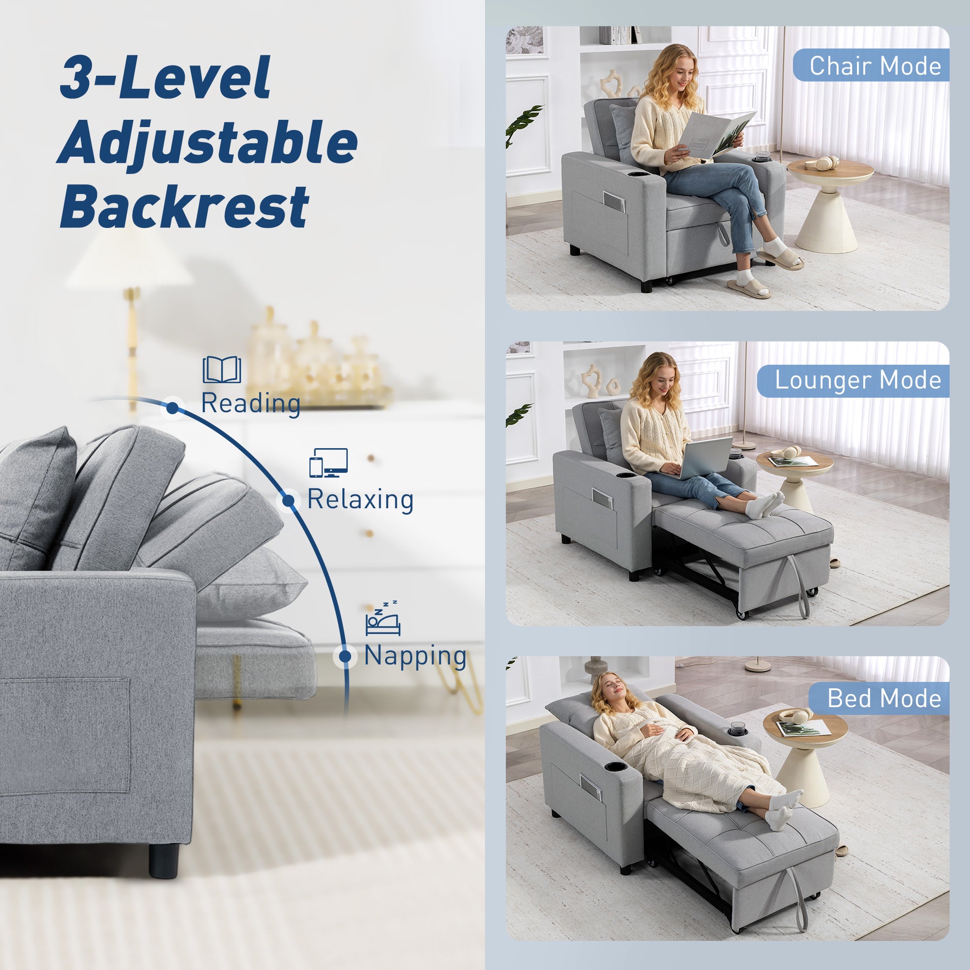 3-in-1 Single Sofa Bed, Convertible Sleeper Chair Bed - Light Grey