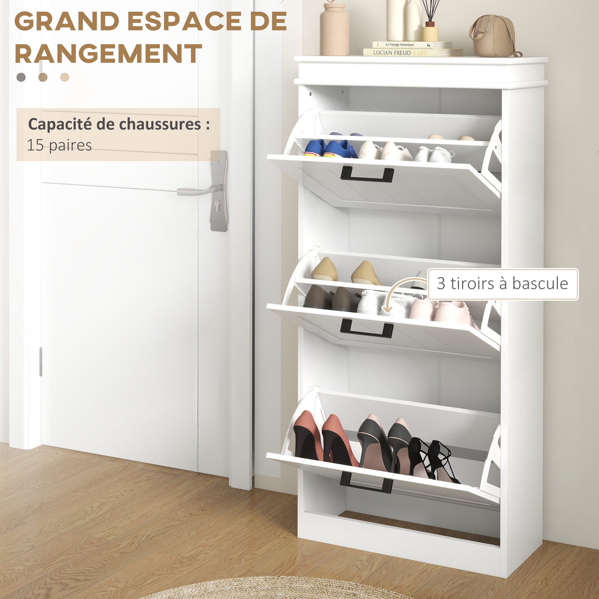 Three-Drawer Minimalistic Shoe Storage Cabinet, for 15 Shoes