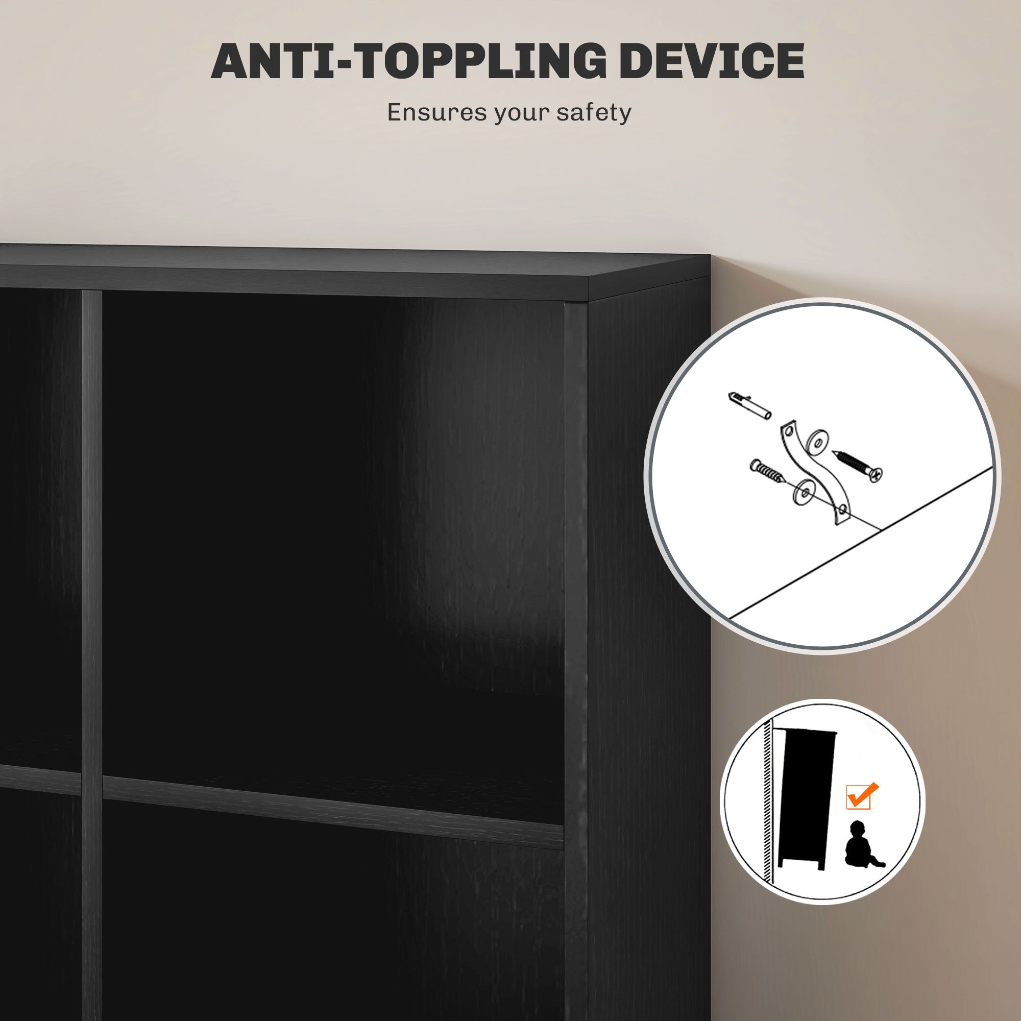 Six-Cube Bookcase Storage Unit with Black Wood Effect Finish - Black