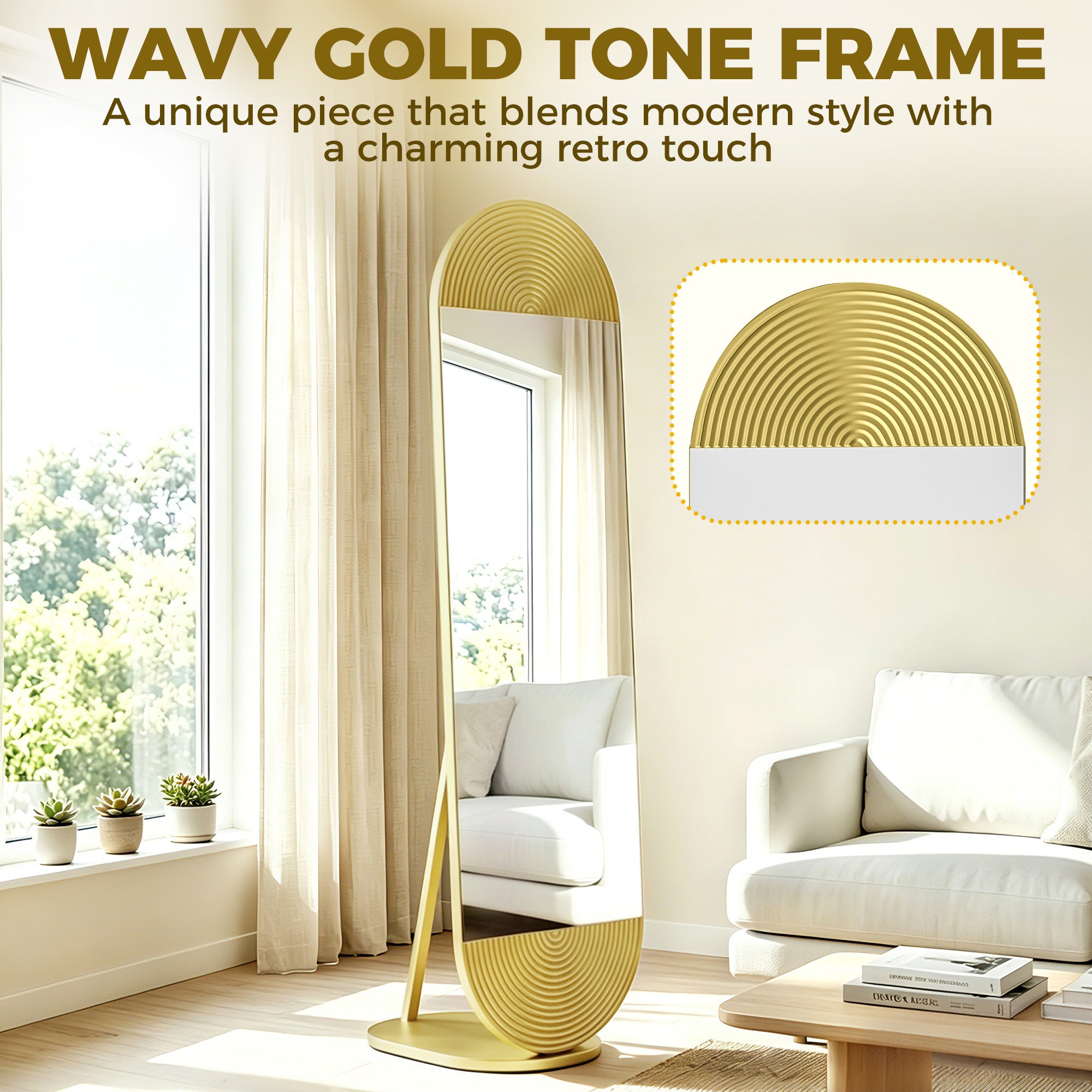 50 x 161 cm Wavy Full Length Mirror, Free Standing Mirror with Metal Frame and Solid Base, Gold Tone