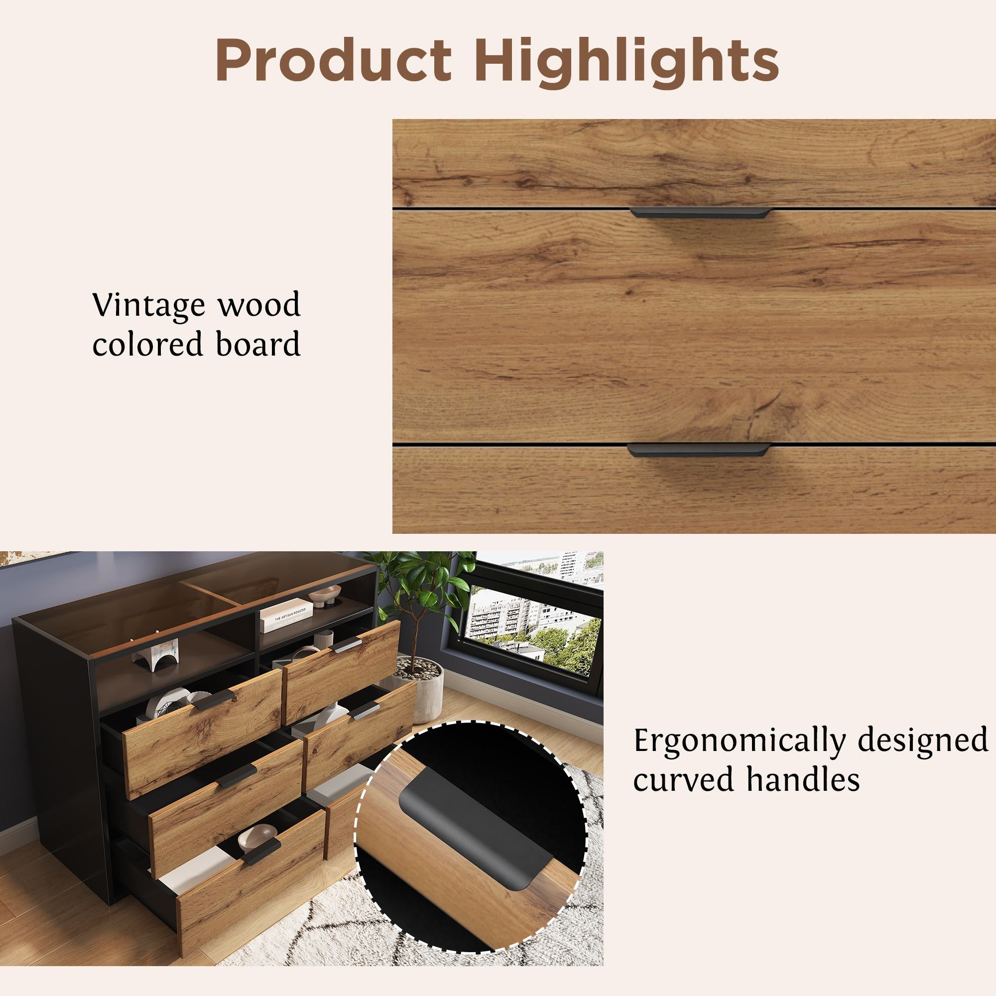 Sideboard Cabinet Dresser with 6 Drawers and 2 Open Shelves, Anti-tip, Dressing Storage Cabinet for Living Room, 120L x 40W x 80H cm, Oak