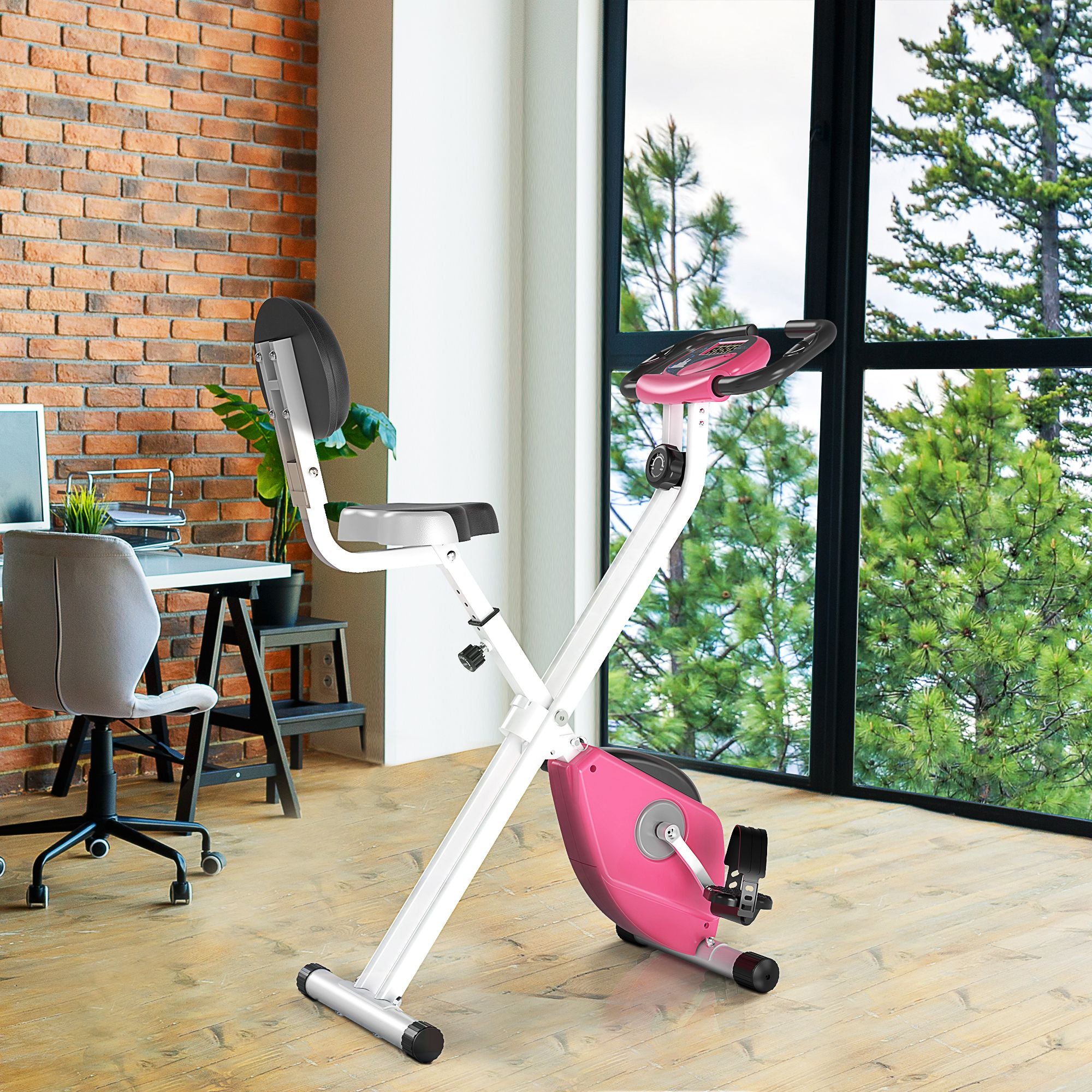 Exercise Bike Fitness Bicycle Indoor trainer Foldable 8-level Magnetic Resistance Adjustable w/LCD Monitor Pulse Sensor, Pink