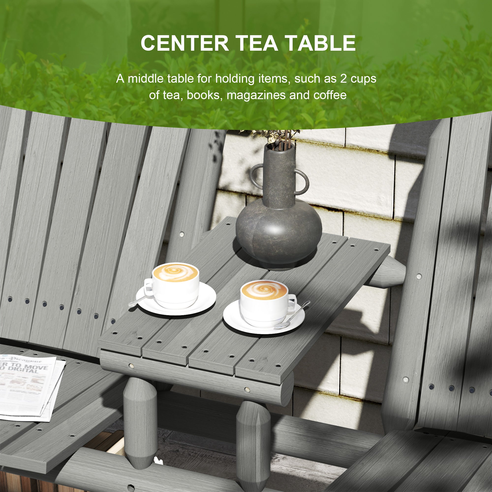 2 Piece Wood Patio Bench Set with Centre Coffee Table - Grey