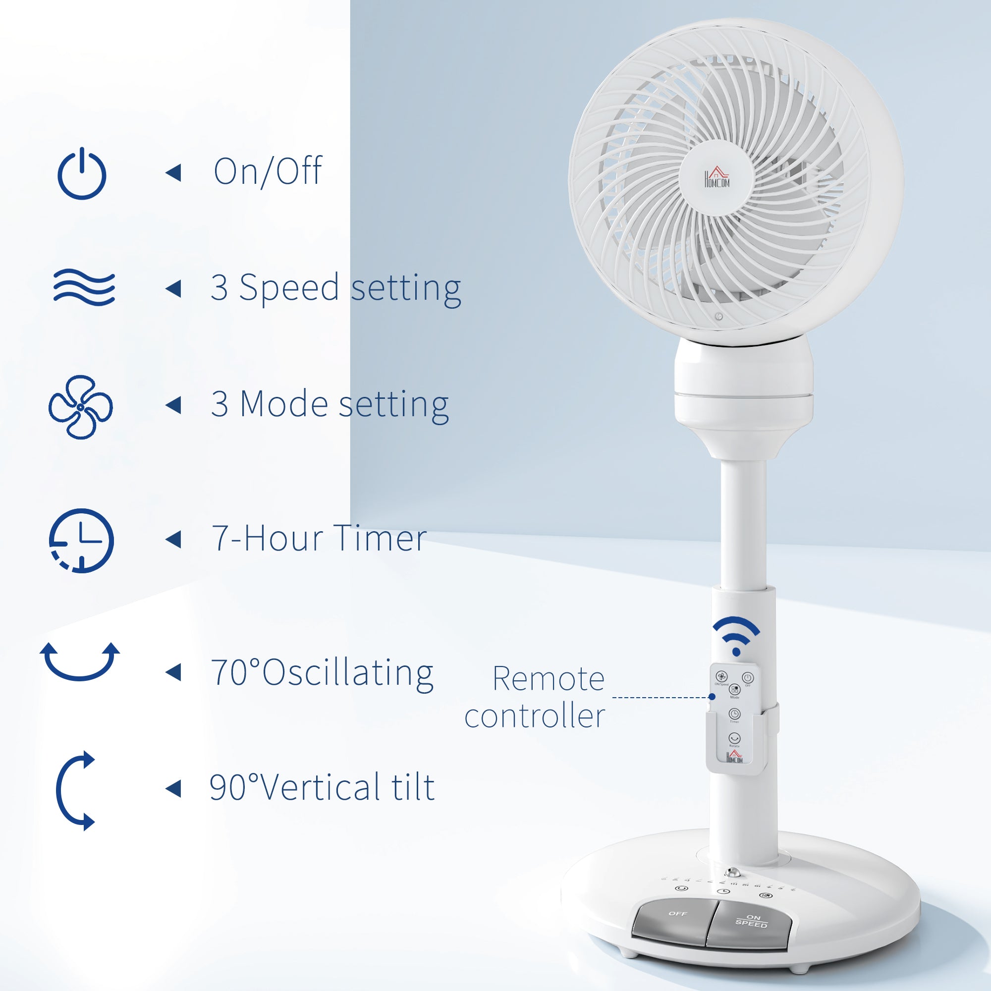 9'' Air Circulator Fan with 3 Speeds, 3 Modes, 70° Oscillation & Remote Control - White
