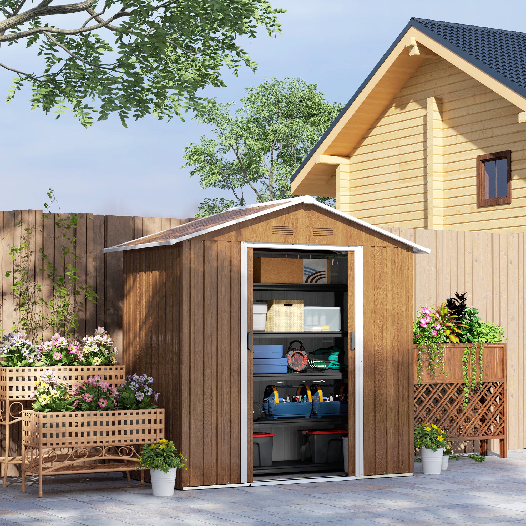 6.5 x 3.5ft Metal Garden Storage Shed with Double Sliding Doors - Brown Wood Effect