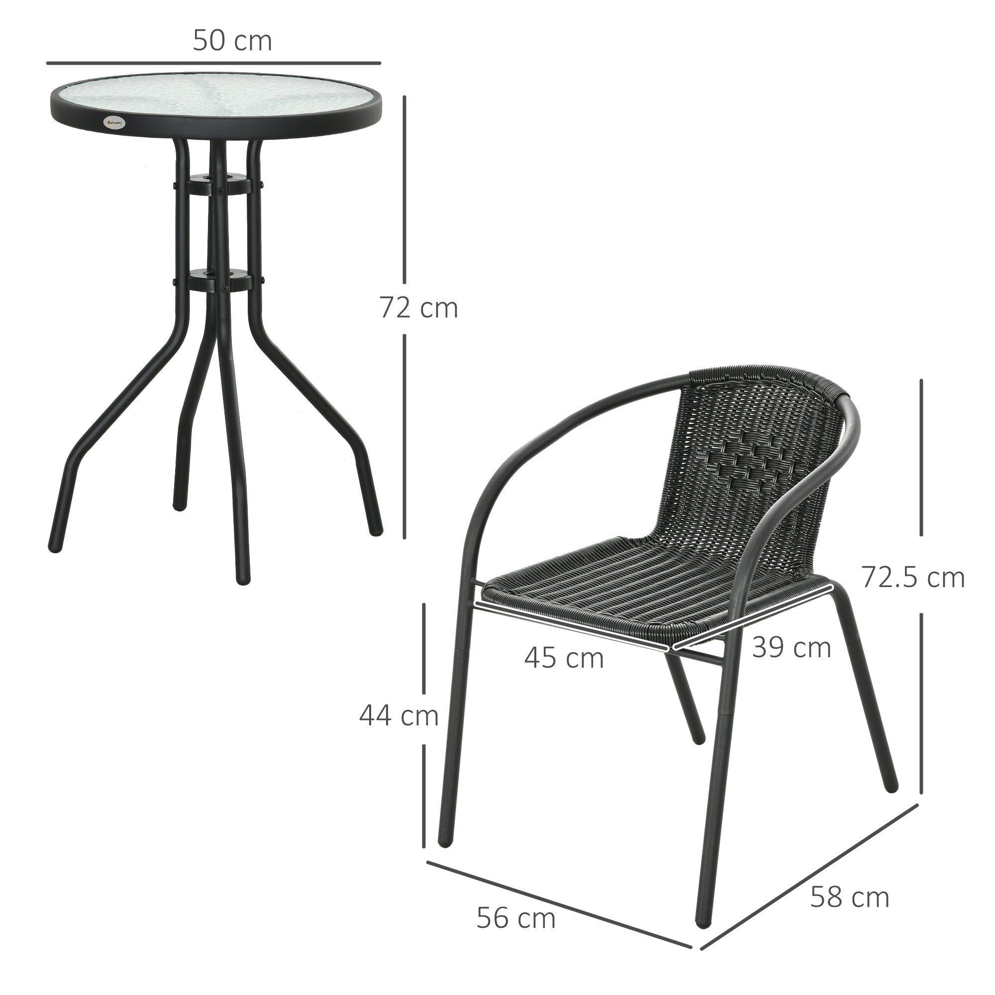 3 Piece Rattan Bistro Set with Tempered Glass Table - Black