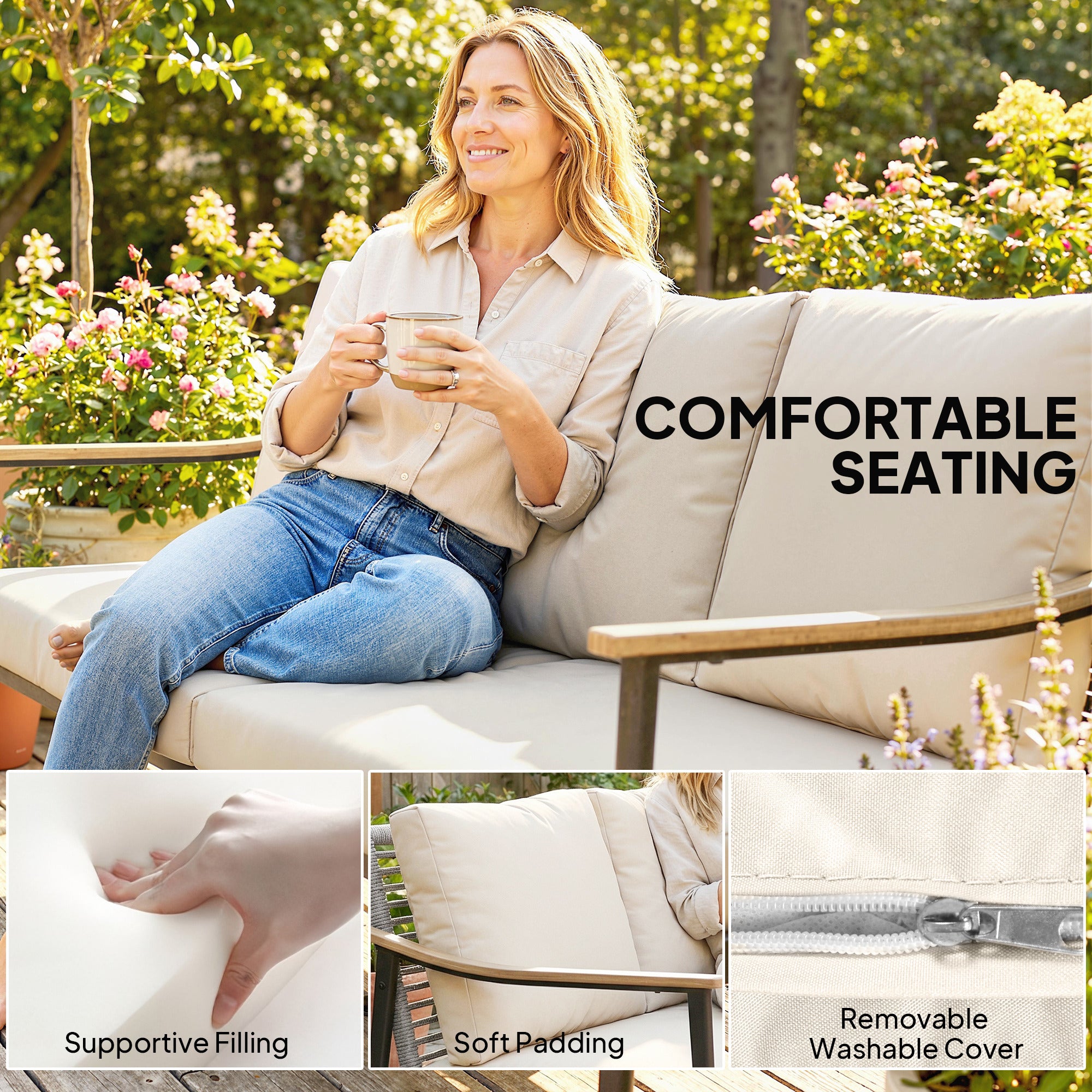 3 Seater Rattan Sofa, Outdoor Garden Sofa with Wood-Effect Armrests, Cushions for Patio, Balcony, Khaki