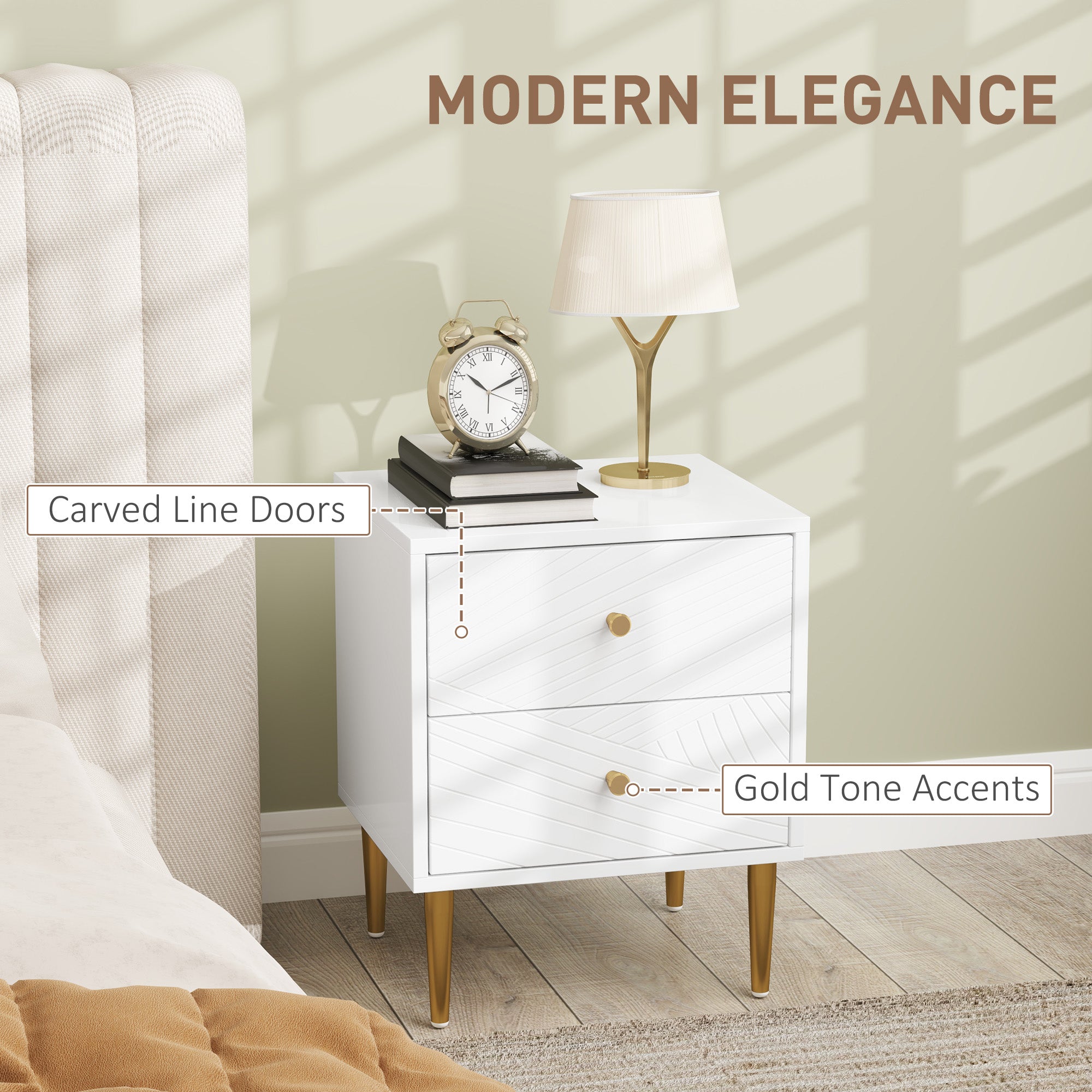 Two-Drawer Bedside Table with Gold-Tone Handles and Legs - White