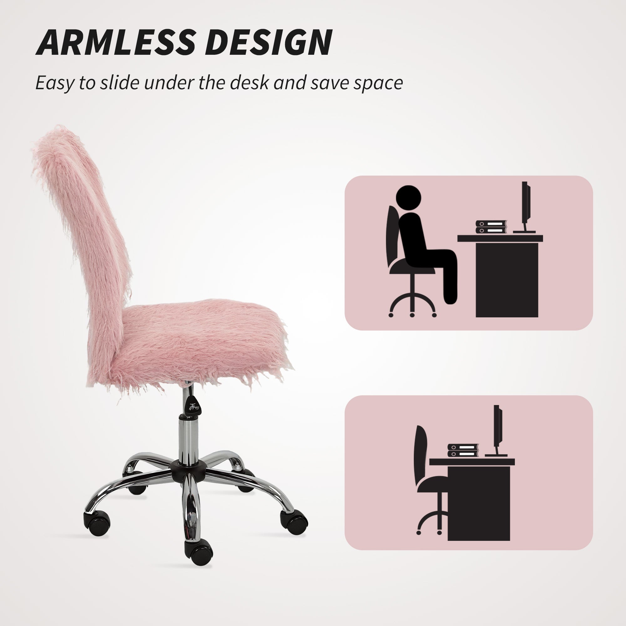 Plush Office Desk Chair, Modern Armless Swivel Vanity Chair with Adjustable Height for Home Office, Bedroom, Living Room, Pink