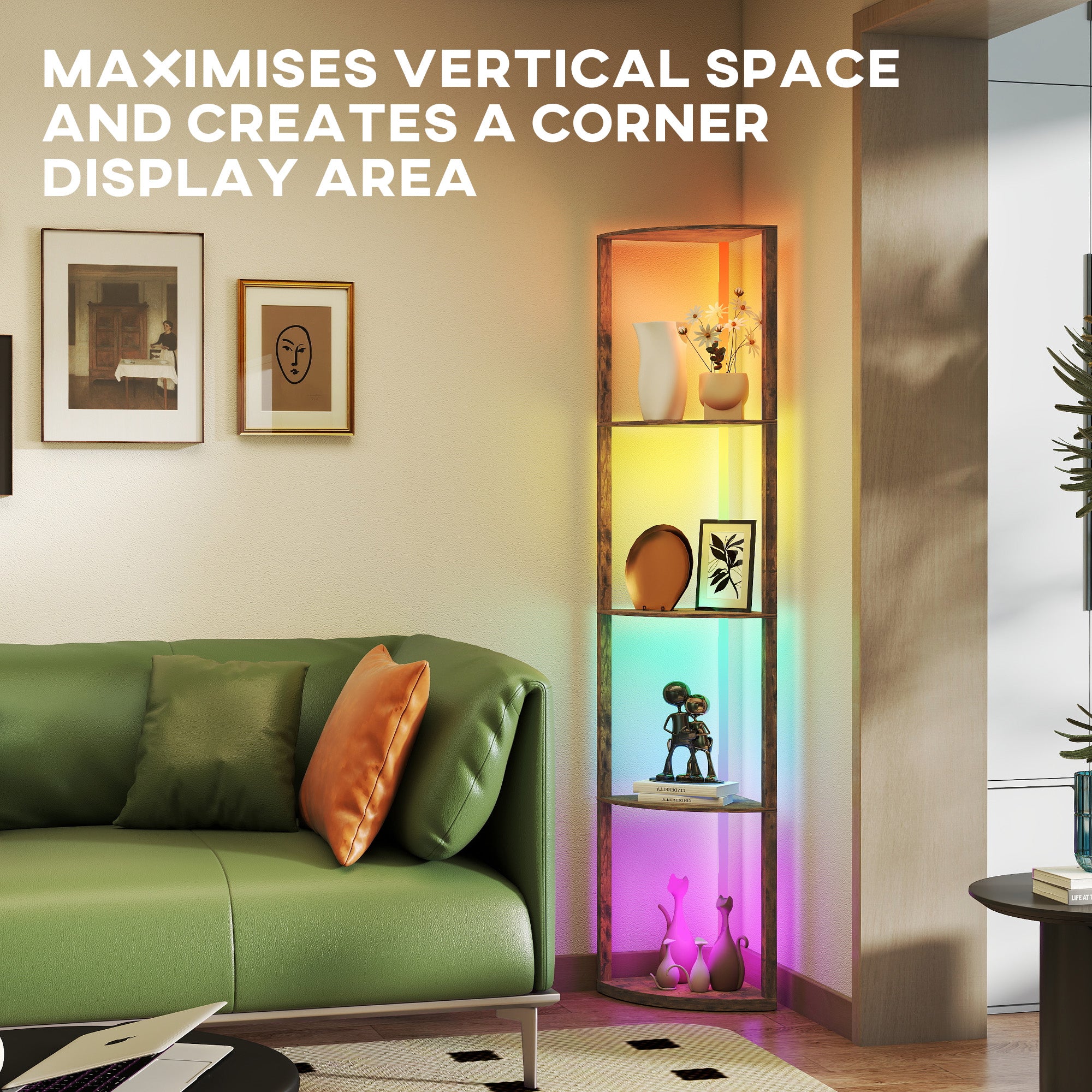 RGB Standing Lamp with Shelves, 4-Tier LED Floor Lamp with Multiple Lighting Modes, Rustic Brown